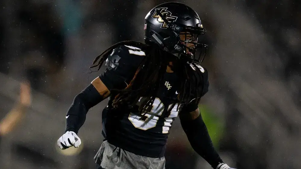 Oct 3, 2020; Orlando, Florida, USA; UCF Knights defensive back Aaron Robinson (31) celebrates a stop during the first quarter of a game against the Tulsa Golden Hurricane at Spectrum Stadium. / Mary Holt-USA TODAY Sports