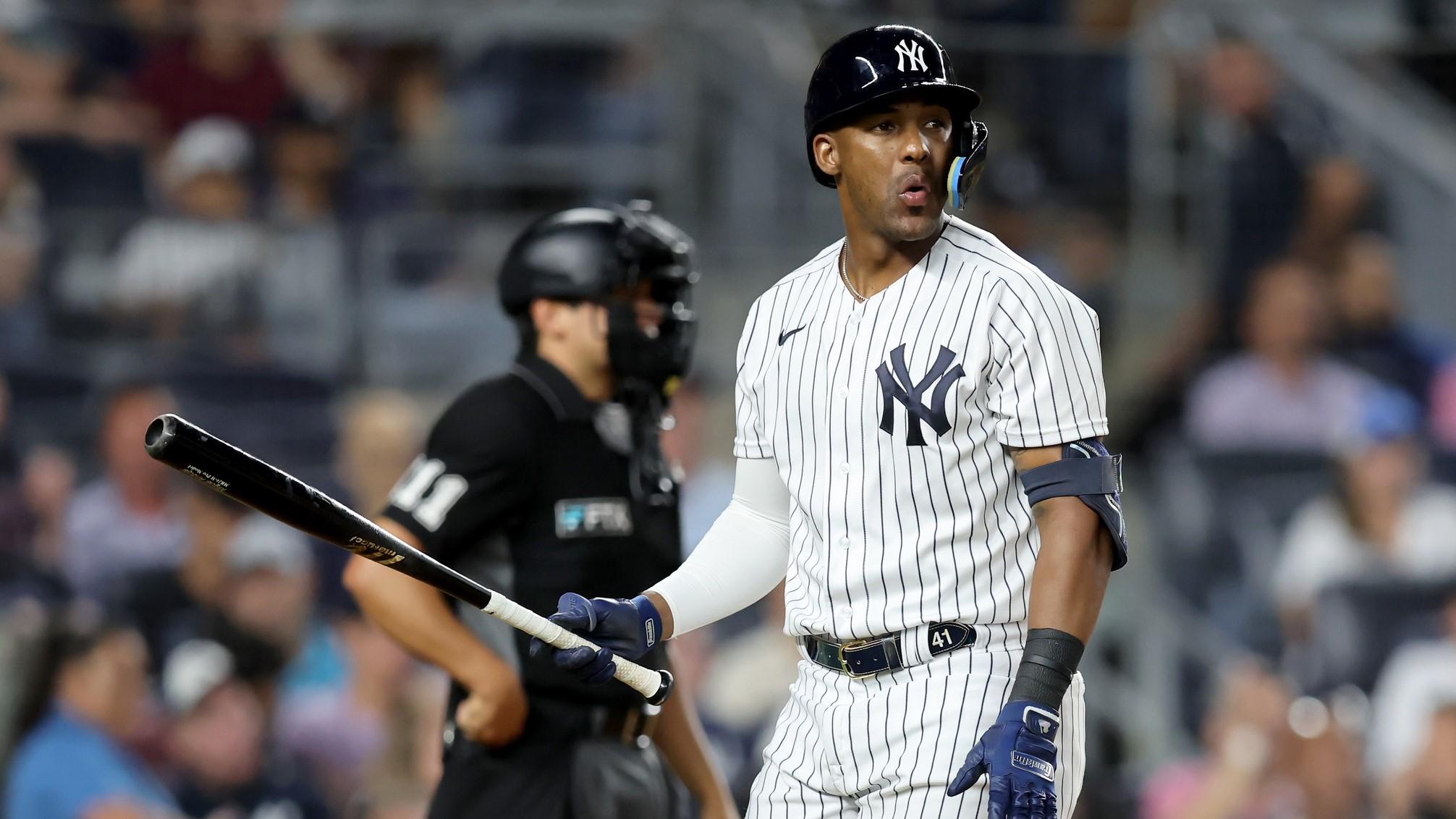 Aug 16, 2022; Bronx, New York, USA; New York Yankees designated hitter Miguel Andujar (41) reacts after striking out to end the seventh inning against the Tampa Bay Rays at Yankee Stadium.