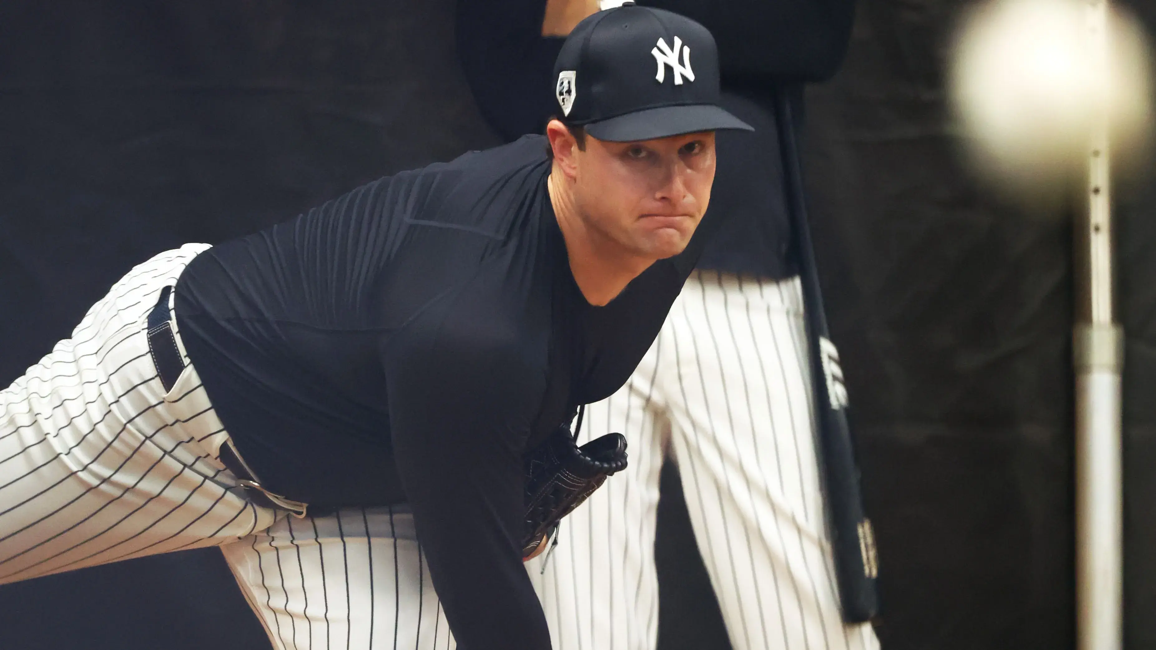 Feb 15, 2024; Tampa, FL, USA; New York Yankees starting pitcher Gerrit Cole (45) throws during a bullpen session during spring training practice at George M. Steinbrenner Field. Mandatory Credit: Kim Klement Neitzel-USA TODAY Sports / © Kim Klement Neitzel-USA TODAY Sports