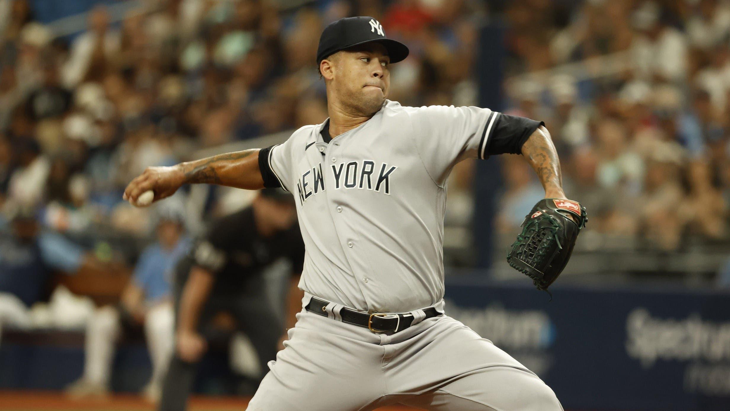 Sep 4, 2022; St. Petersburg, Florida, USA; New York Yankees starting pitcher Frankie Montas (47) throws a pitch during the first inning against the Tampa Bay Rays at Tropicana Field. / Kim Klement-USA TODAY Sports