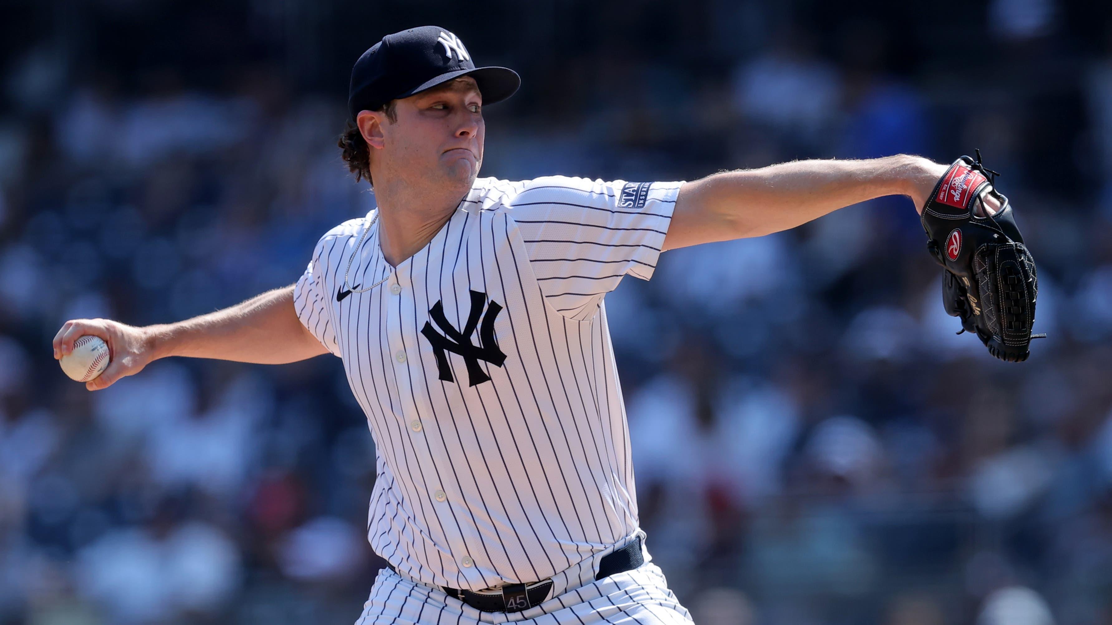 New York Yankees starting pitcher Gerrit Cole (45) pitches against the Boston Red Sox during the first inning at Yankee Stadium. / Brad Penner-Imagn Images