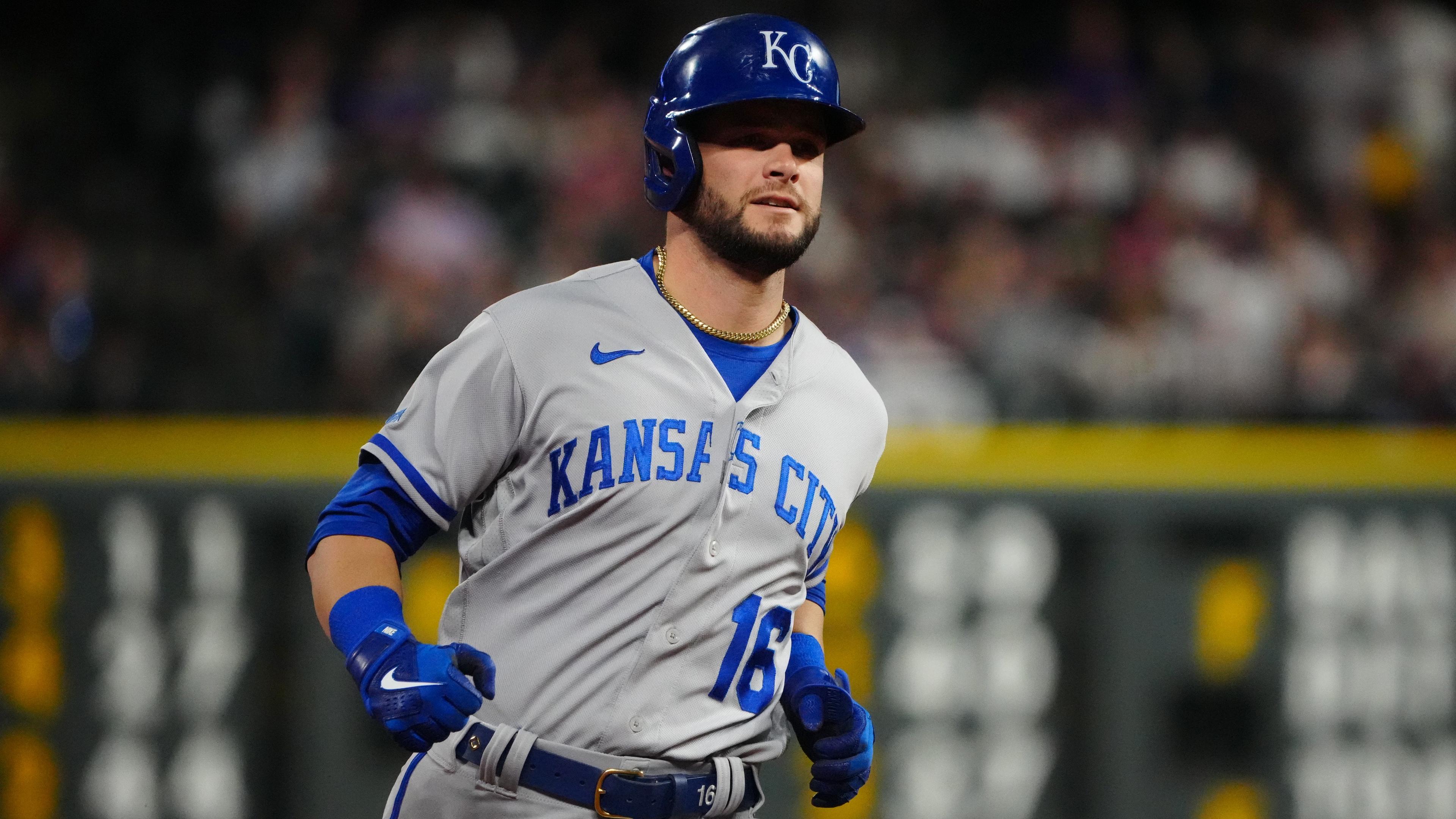 Kansas City Royals left fielder Andrew Benintendi (16) RBI triples in the seventh inning against the Colorado Rockies at Coors Field.