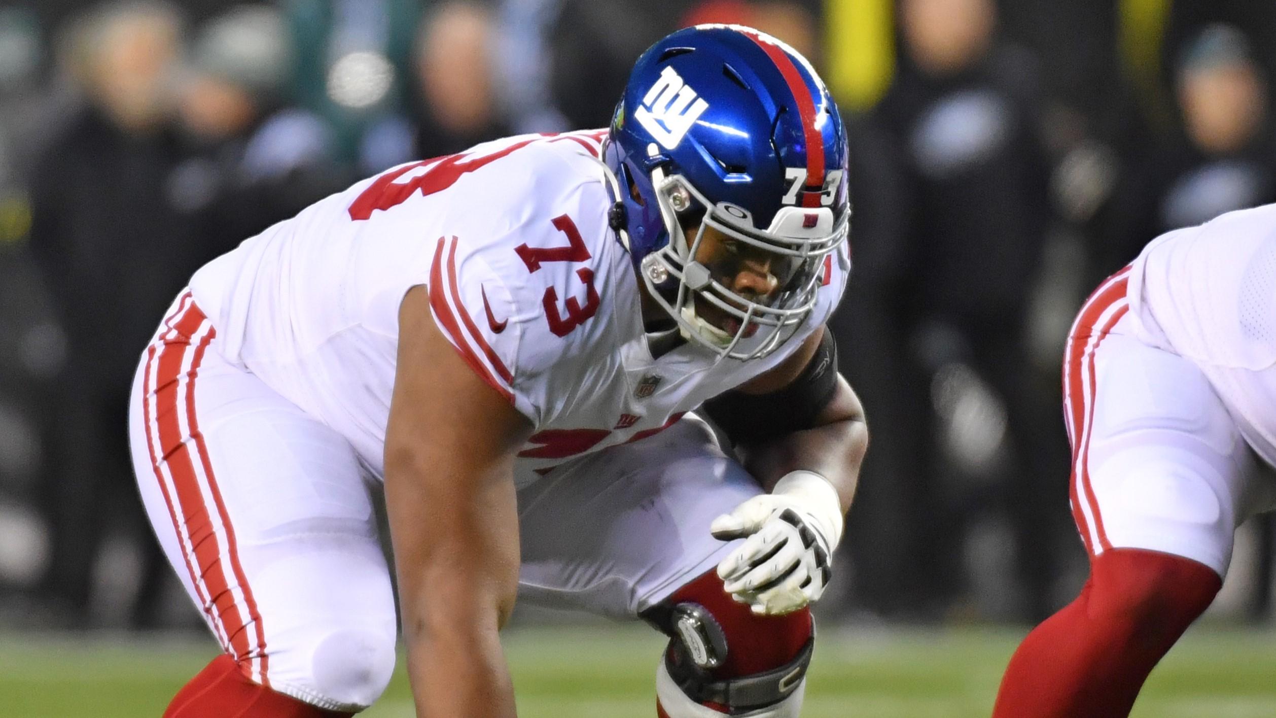 Jan 8, 2023; Philadelphia, Pennsylvania, USA; New York Giants offensive tackle Evan Neal (73) against the Philadelphia Eagles at Lincoln Financial Field. Mandatory Credit: Eric Hartline-USA TODAY Sports