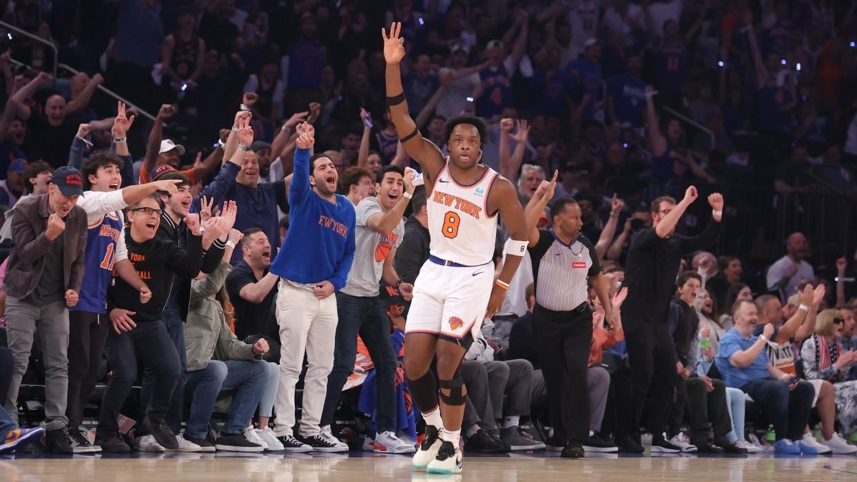 New York Knicks forward OG Anunoby (8) celebrates his three point shot against the Indiana Pacers during the first quarter of game seven of the second round of the 2024 NBA playoffs at Madison Square Garden.