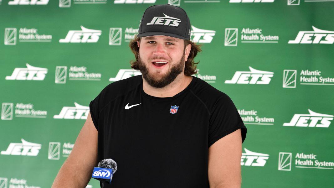 Jul 25, 2024; Florham Park, NJ, USA; New York Jets center Joe Tippmann (66) speaks to the media after training camp at Atlantic Health Jets Training Center.