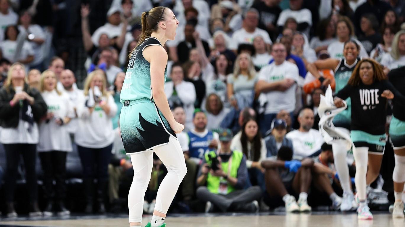 Oct 16, 2024; Minneapolis, Minnesota, USA; New York Liberty guard Sabrina Ionescu (20) celebrates her 3-point basket against the Minnesota Lynx during the second half of game three of the 2024 NBA Finals at Target Center. 