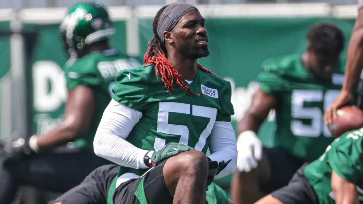 Jul 28, 2021; Florham Park, NJ, United States; New York Jets inside linebacker C.J. Mosley (57) stretches during training camp at Atlantic Health Jets Training Center. / Vincent Carchietta-USA TODAY Sports