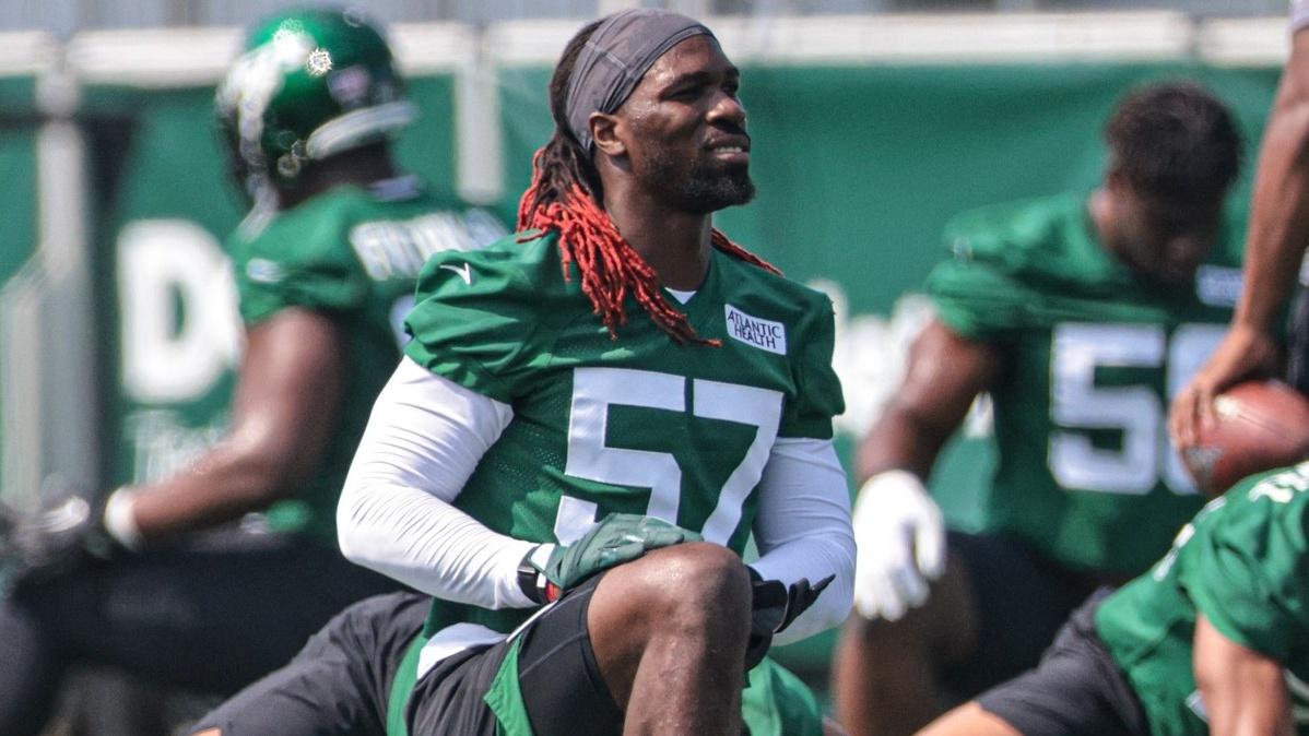 Jul 28, 2021; Florham Park, NJ, United States; New York Jets inside linebacker C.J. Mosley (57) stretches during training camp at Atlantic Health Jets Training Center.