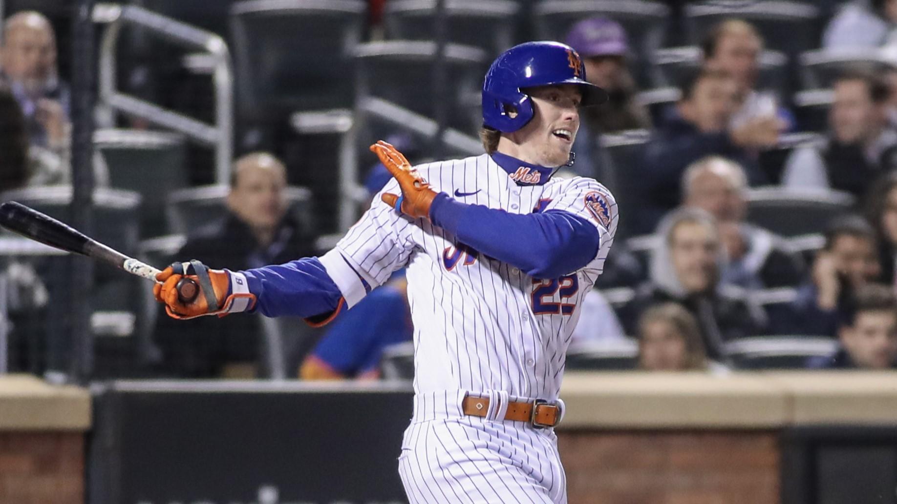 Apr 27, 2023; New York City, New York, USA; New York Mets third baseman Brett Baty (22) hits a single in the fifth inning against the Washington Nationals at Citi Field. Mandatory Credit: Wendell Cruz-USA TODAY Sports