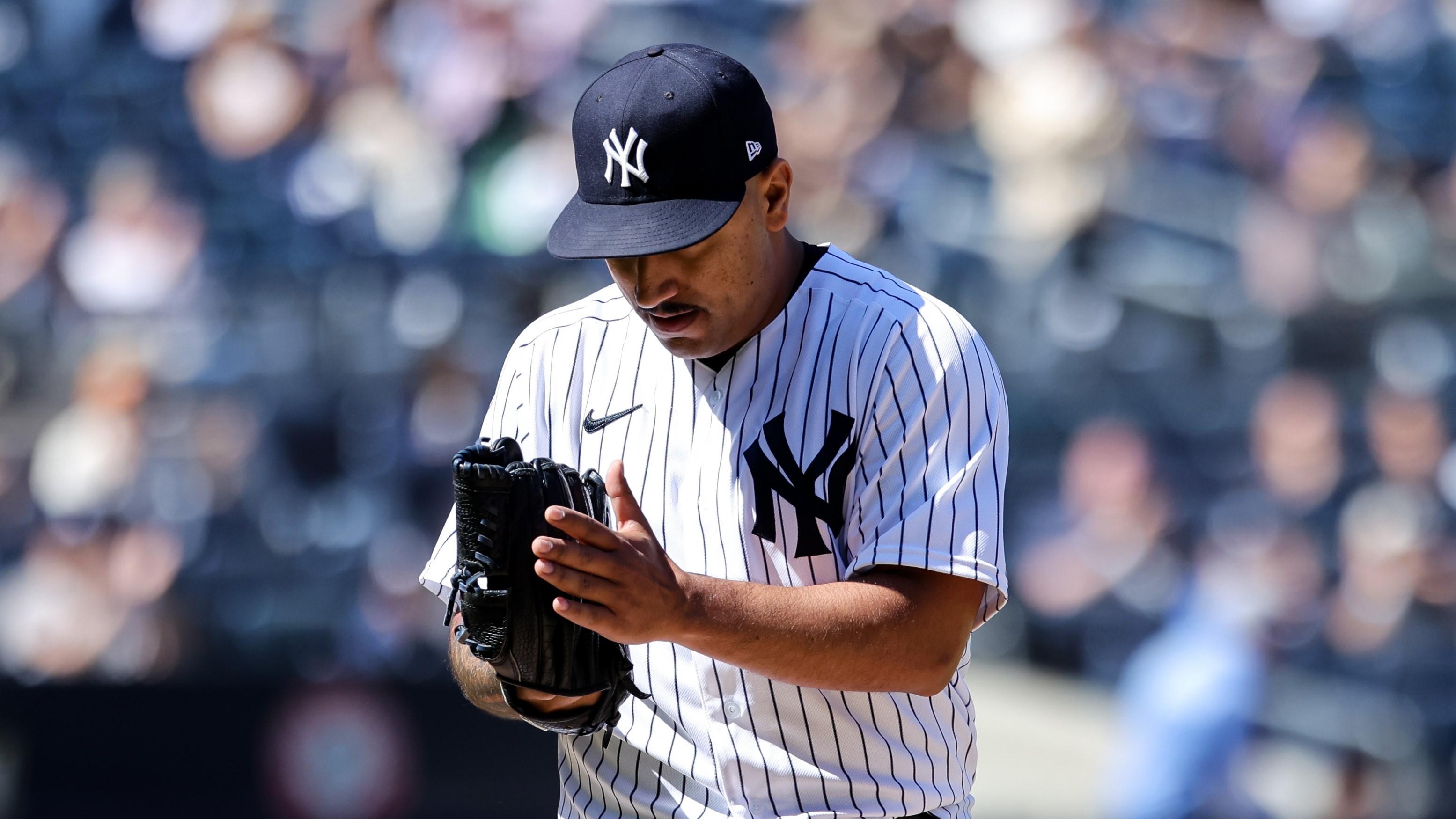 May 9, 2022; Bronx, New York, USA; New York Yankees starting pitcher Nestor Cortes reacts during the sixth inning of a baseball game against the Texas Rangers at Yankee Stadium. Mandatory Credit: Jessica Alcheh-USA TODAY Sports