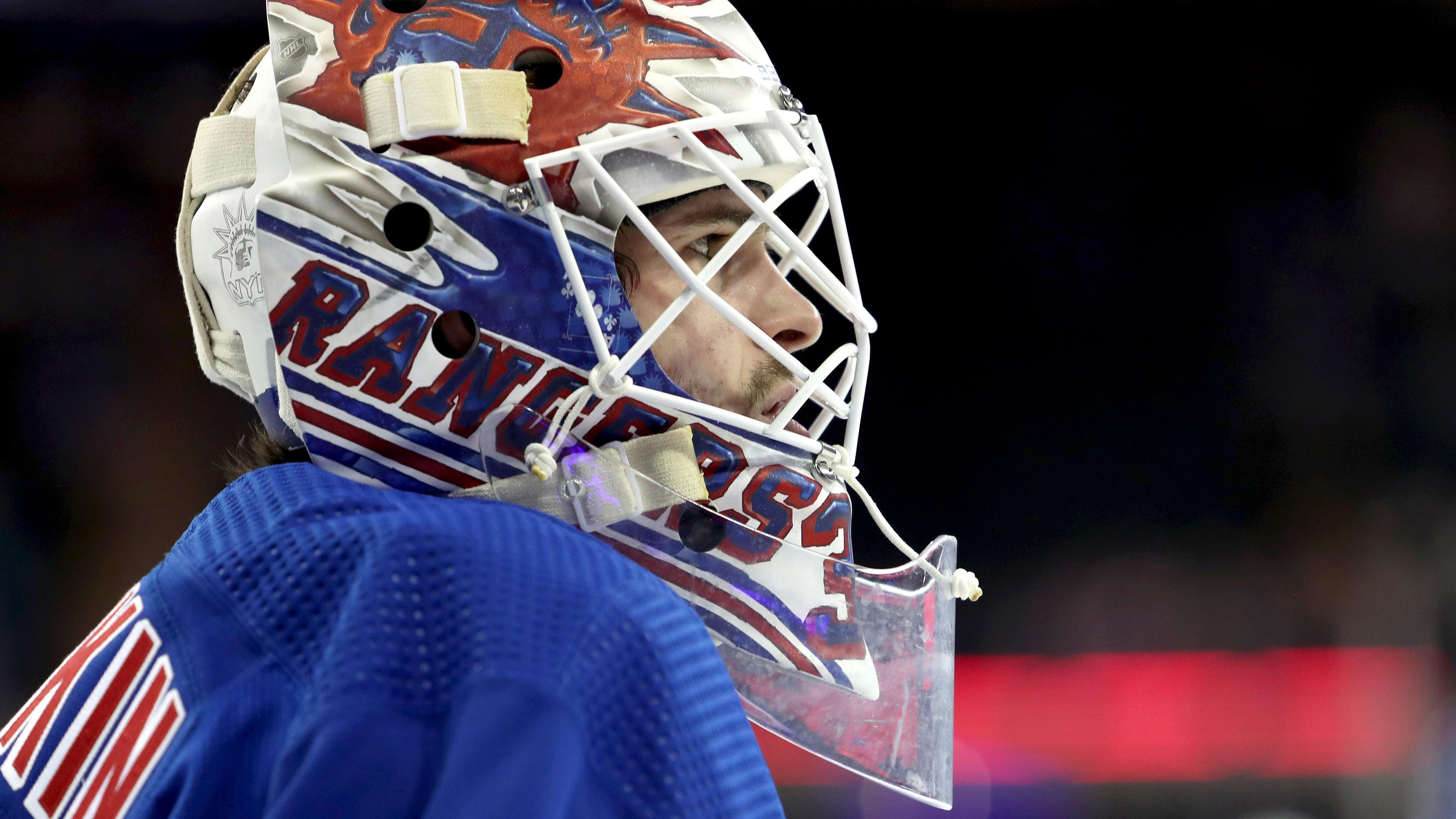 New York Rangers goalie Igor Shesterkin (31) warms up before the first period against the Boston Bruins at Madison Square Garden