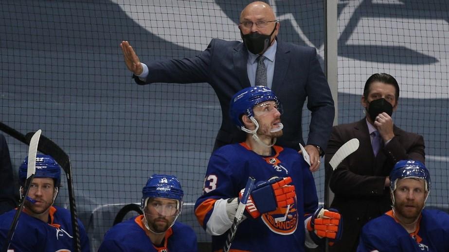 Jun 3, 2021; Uniondale, New York, USA; New York Islanders head coach Barry Trotz coaches his team against the Boston Bruins during the third period of game three of the second round of the 2021 Stanley Cup Playoffs at Nassau Veterans Memorial Coliseum.