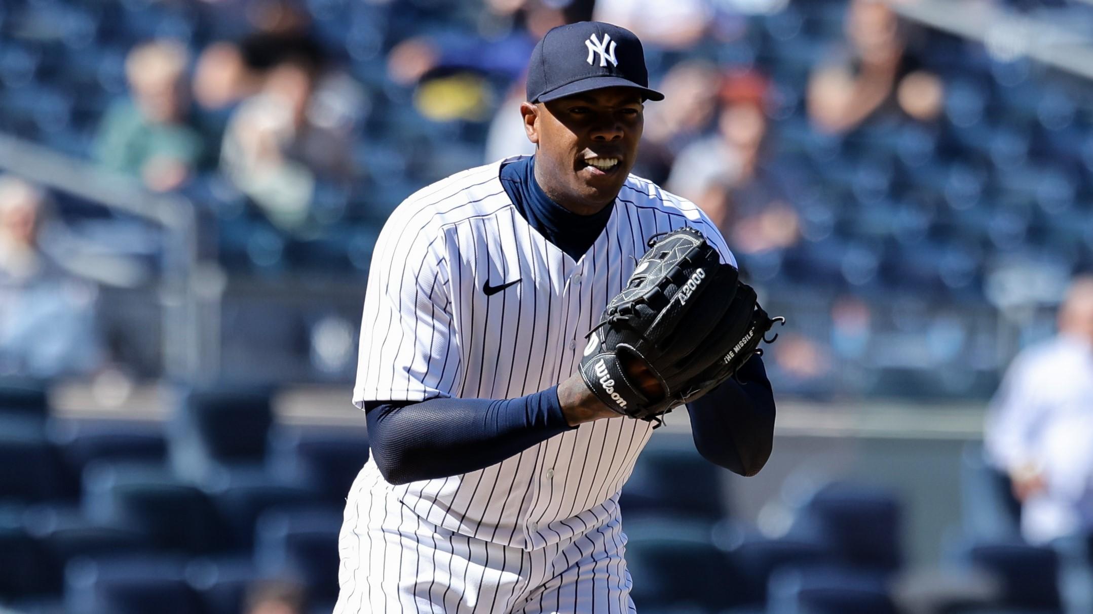 May 9, 2022; Bronx, New York, USA; New York Yankees relief pitcher Aroldis Chapman looks out during the ninth inning of a baseball game against the Texas Rangers at Yankee Stadium. Mandatory Credit: Jessica Alcheh-USA TODAY Sports