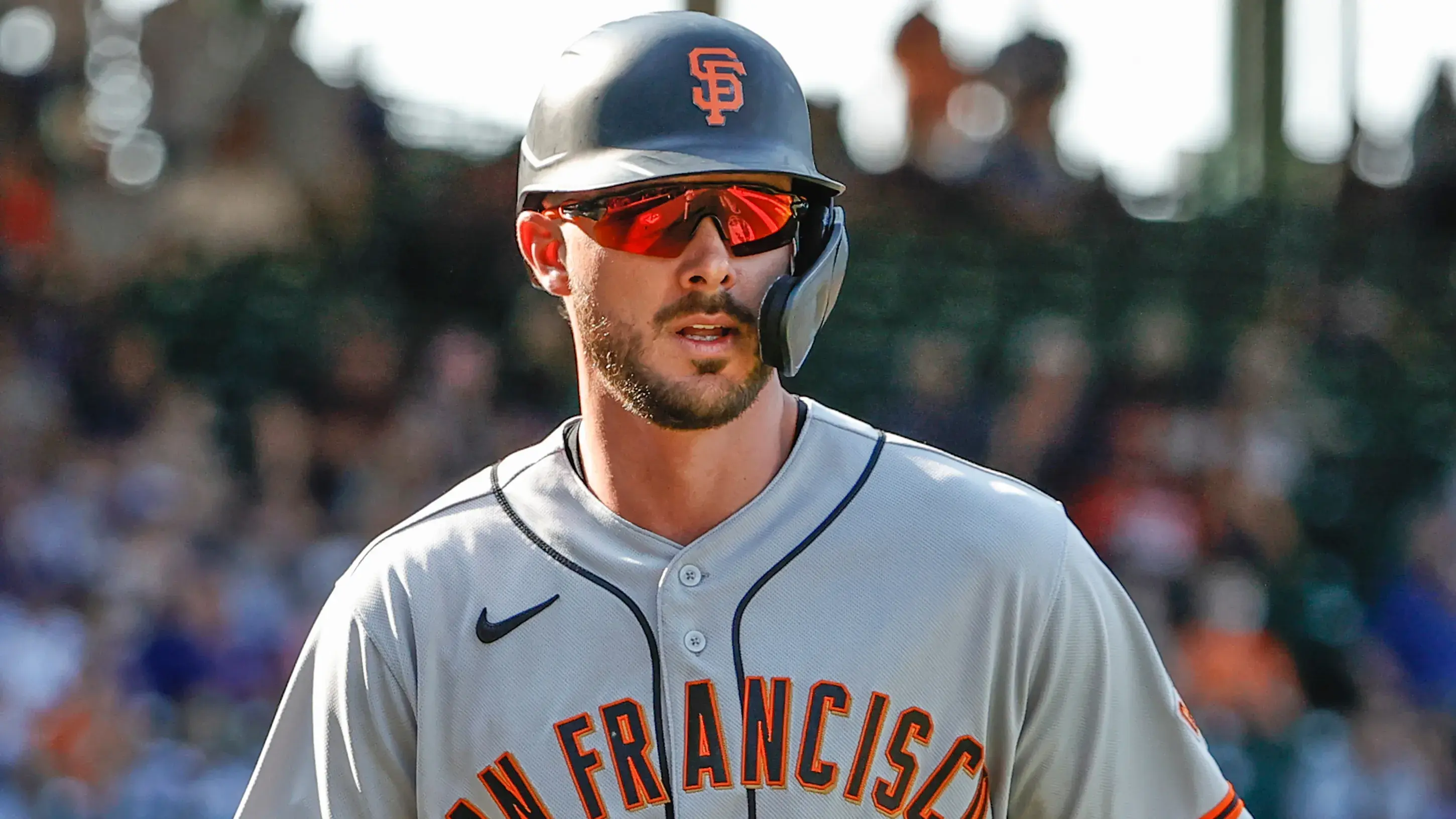 San Francisco Giants third baseman Kris Bryant (23) reacts after scoring against the Chicago Cubs during the eighth inning at Wrigley Field. / Kamil Krzaczynski - USA TODAY Sports