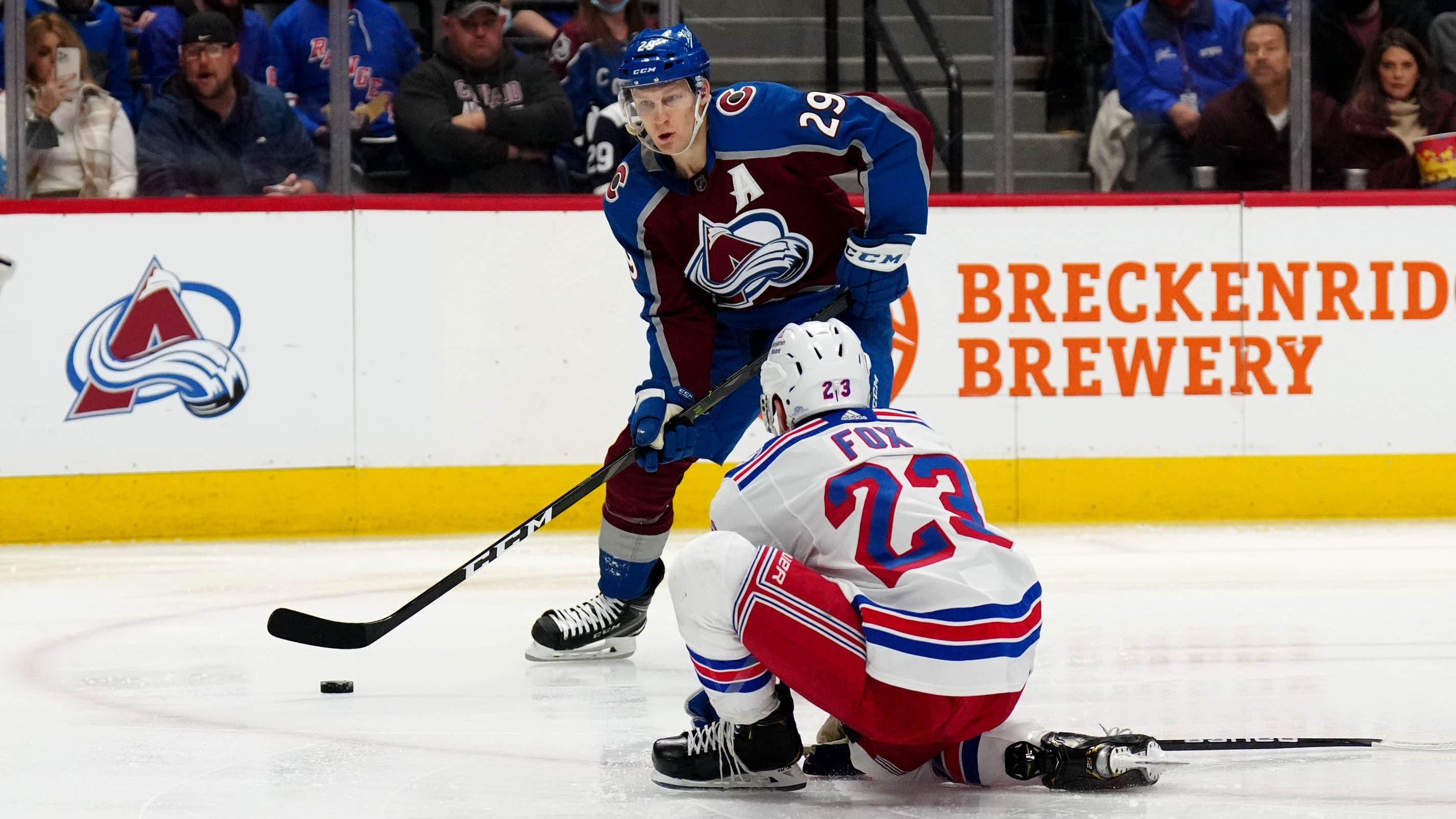 Dec 14, 2021; Denver, Colorado, USA; Colorado Avalanche center Nathan MacKinnon (29) shoots against New York Rangers defenseman Adam Fox (23) in the second period at Ball Arena. Mandatory Credit: Ron Chenoy-USA TODAY Sports / Ron Chenoy-USA TODAY Sports