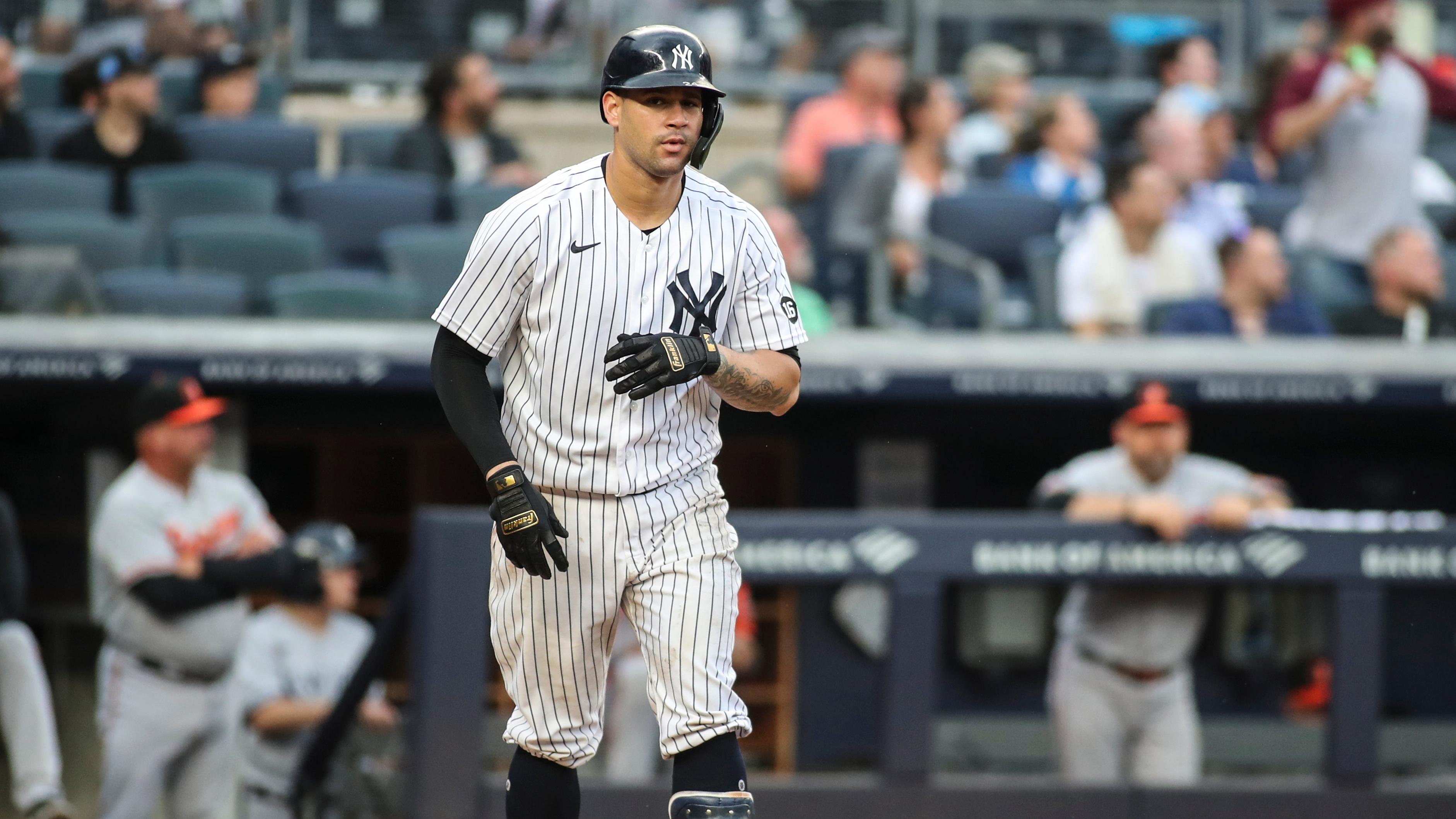 New York Yankees catcher Gary Sanchez (24) looks into the dugout after hitting a two run home run in the sixth inning against the Baltimore Orioles at Yankee Stadium.