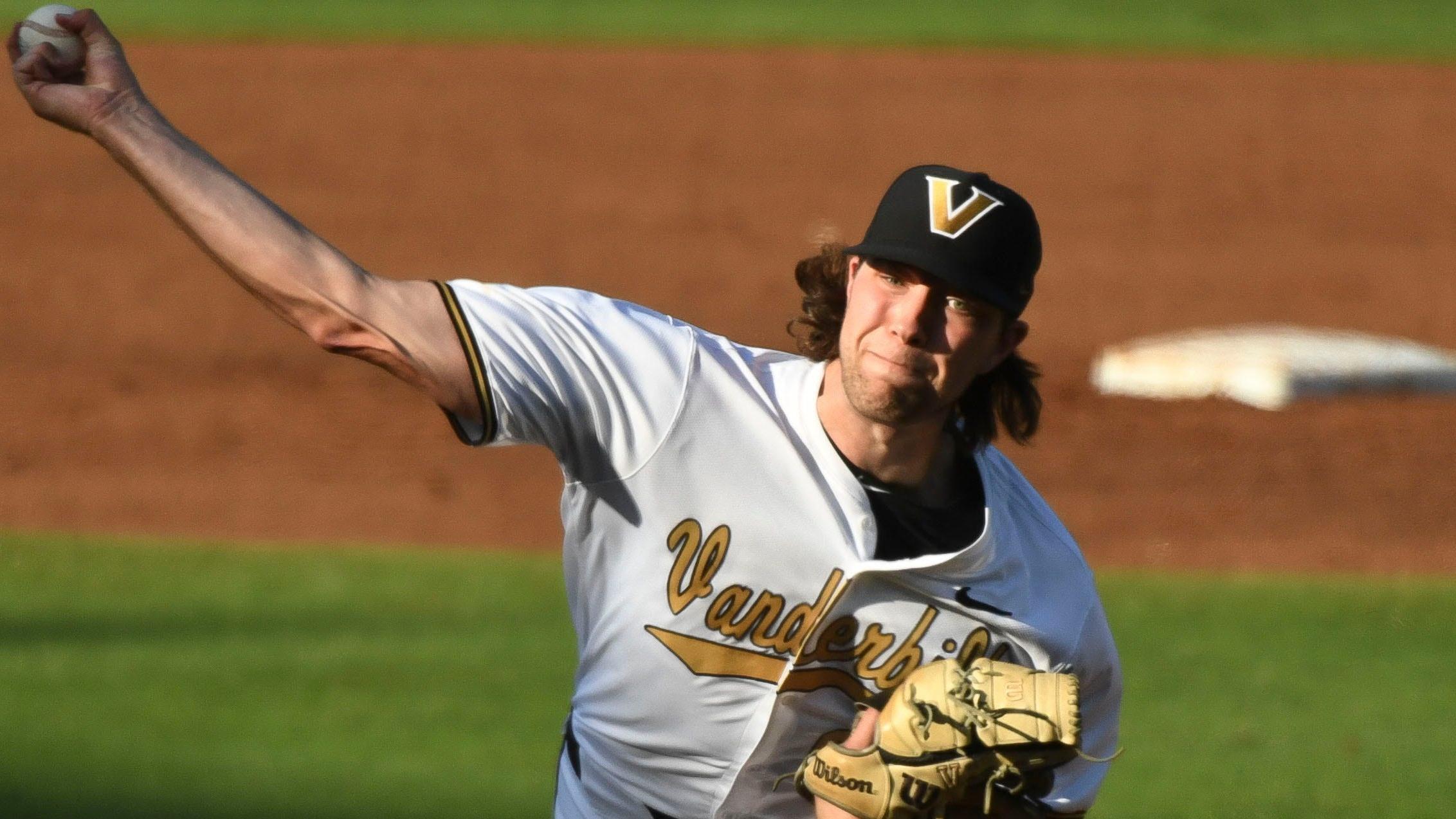 May 21 2024; Hoover, AL, USA; Vanderbilt starter Bryce Cunningham makes a pitch against Florida at the Hoover Met on the opening day of the SEC Tournament.