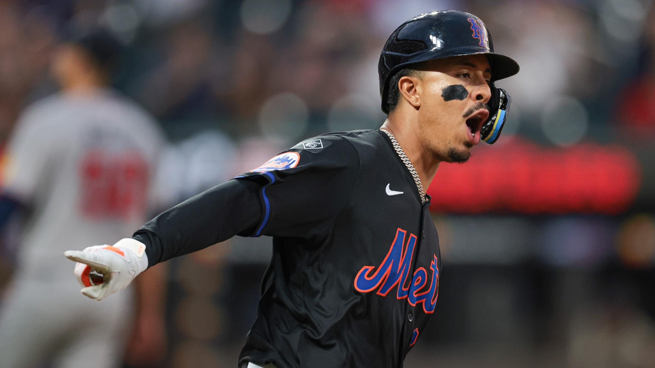 Jul 26, 2024; New York City, New York, USA; New York Mets third baseman Mark Vientos (27) celebrates after his two run home run off of Atlanta Braves starting pitcher Charlie Morton (50) during the third inning at Citi Field.