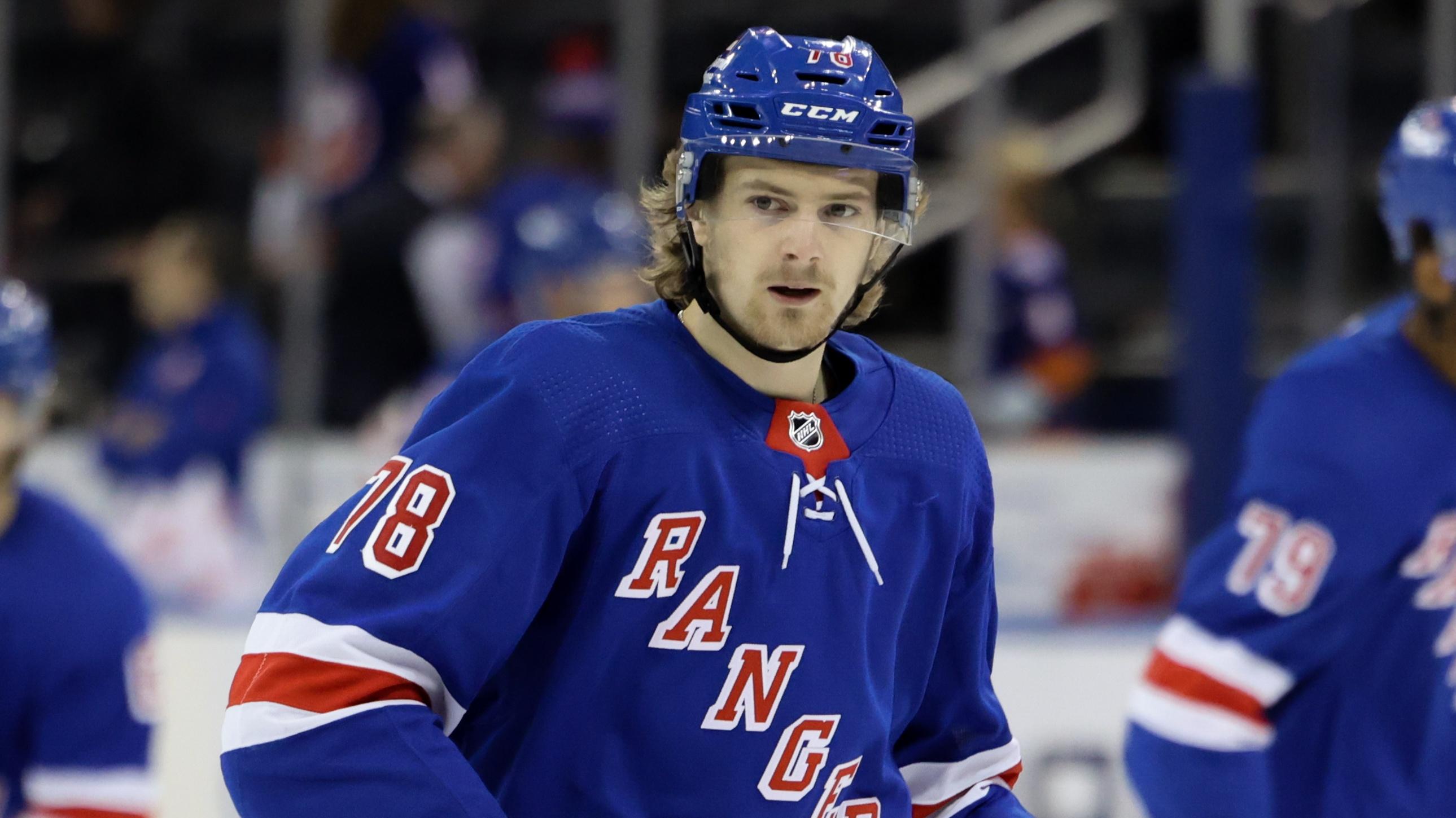 New York Rangers left wing Brennan Othmann (78) looks out during warmups before a game against the New York Islanders at Madison Square Garden