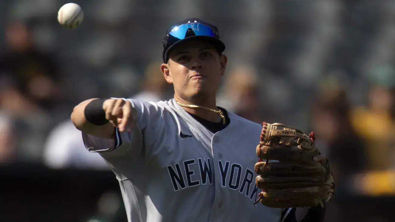 Aug 29, 2021; Oakland, California, USA; New York Yankees third baseman Gio Urshela (29) throws out Oakland Athletics center fielder Starling Marte at first base on a ground ball during the first inning at RingCentral Coliseum. / D. Ross Cameron-USA TODAY Sports