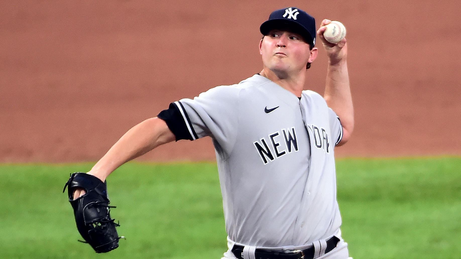 Sep 4, 2020; Baltimore, Maryland, USA; New York Yankees pitcher Zack Britton (53) throws a pitch in the sixth inning against the Baltimore Orioles at Oriole Park at Camden Yards.