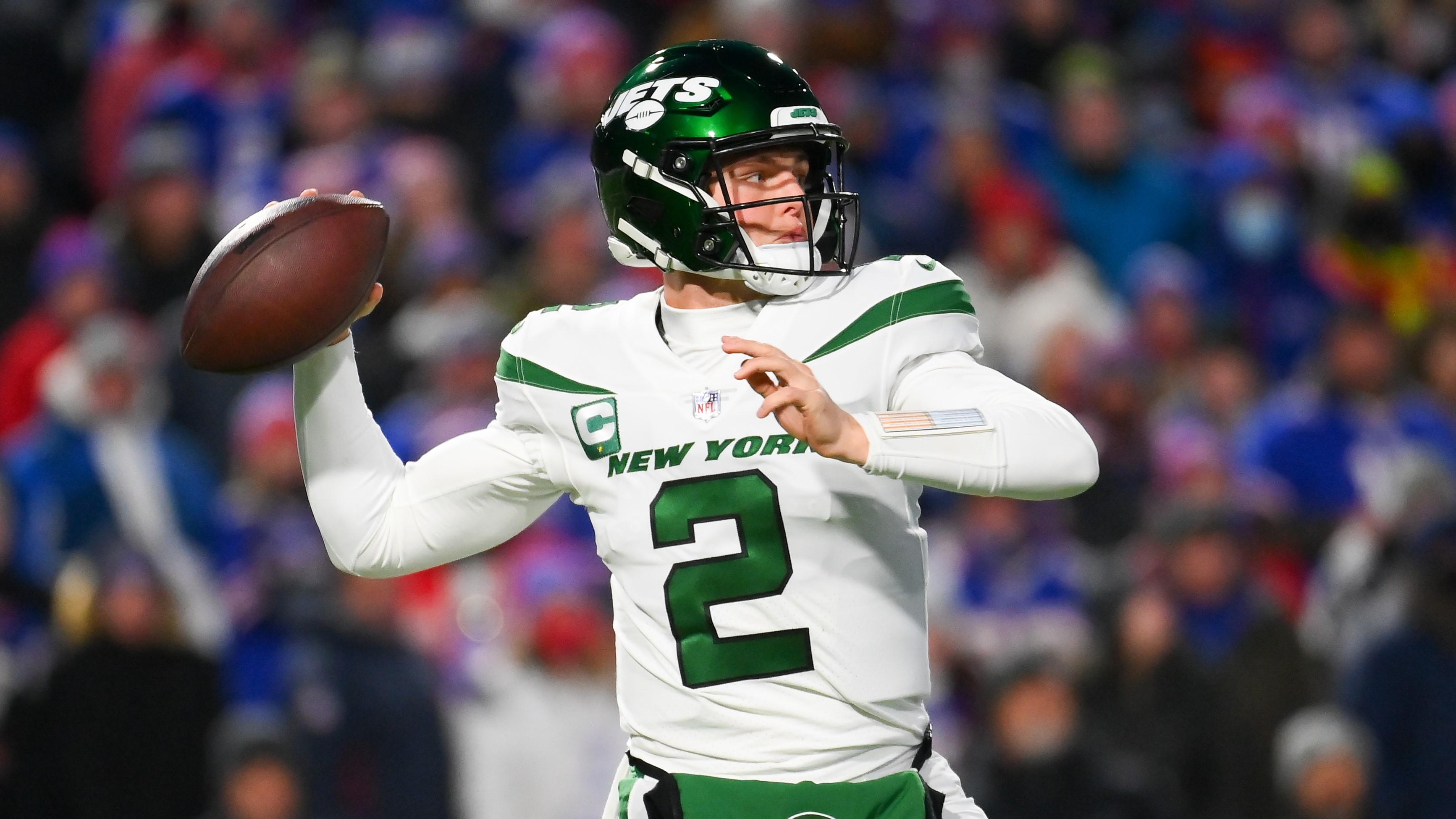 Jan 9, 2022; Orchard Park, New York, USA; New York Jets quarterback Zach Wilson (2) passes the ball against the Buffalo Bills during the first half at Highmark Stadium. Mandatory Credit: Rich Barnes-USA TODAY Sports