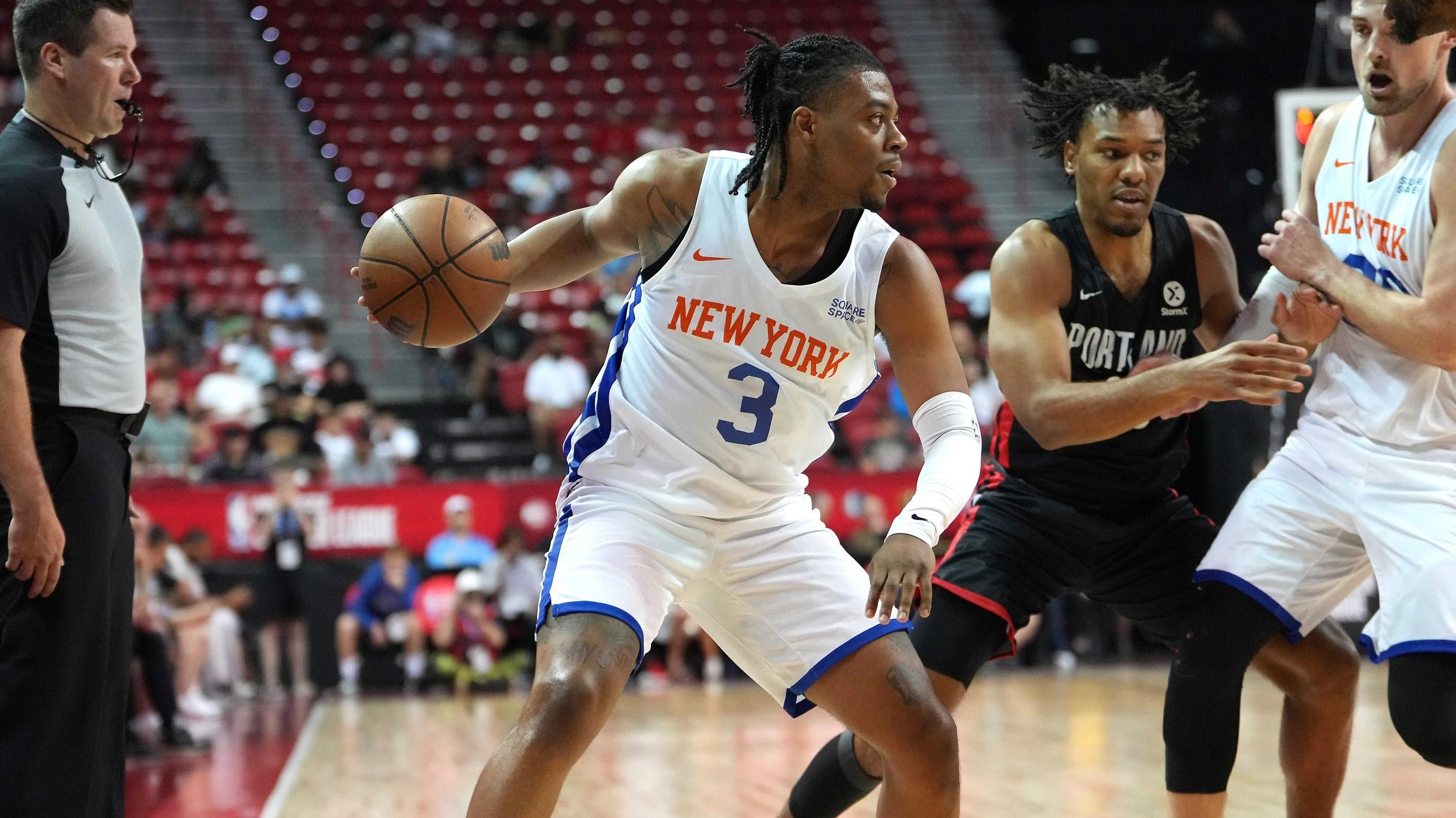 Jul 17, 2022; Las Vegas, NV, USA; New York Knicks guard Trevor Keels (3) dribbles against the Portland Trail Blazers during the NBA Summer League Championship game at Thomas & Mack Center.