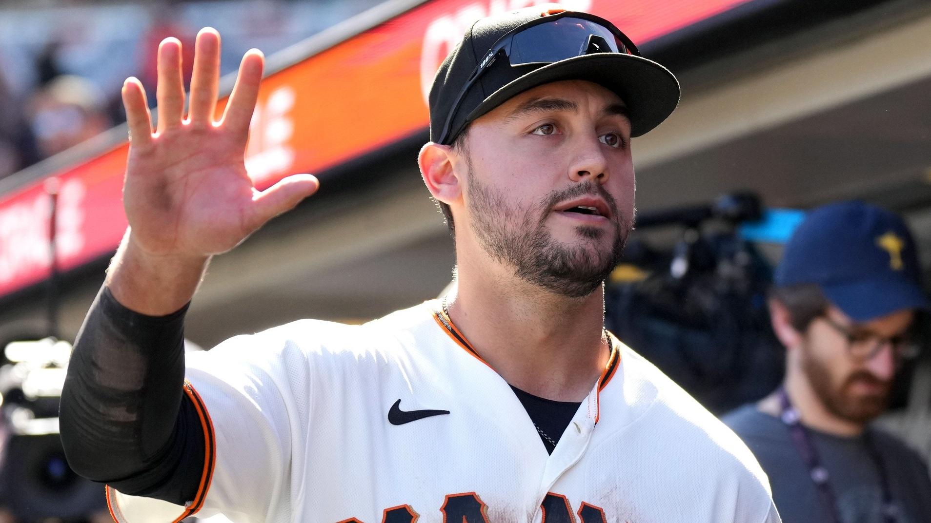 Apr 9, 2023; San Francisco, California, USA; San Francisco Giants right fielder Michael Conforto (8) gestures after defeating the Kansas City Royals at Oracle Park.