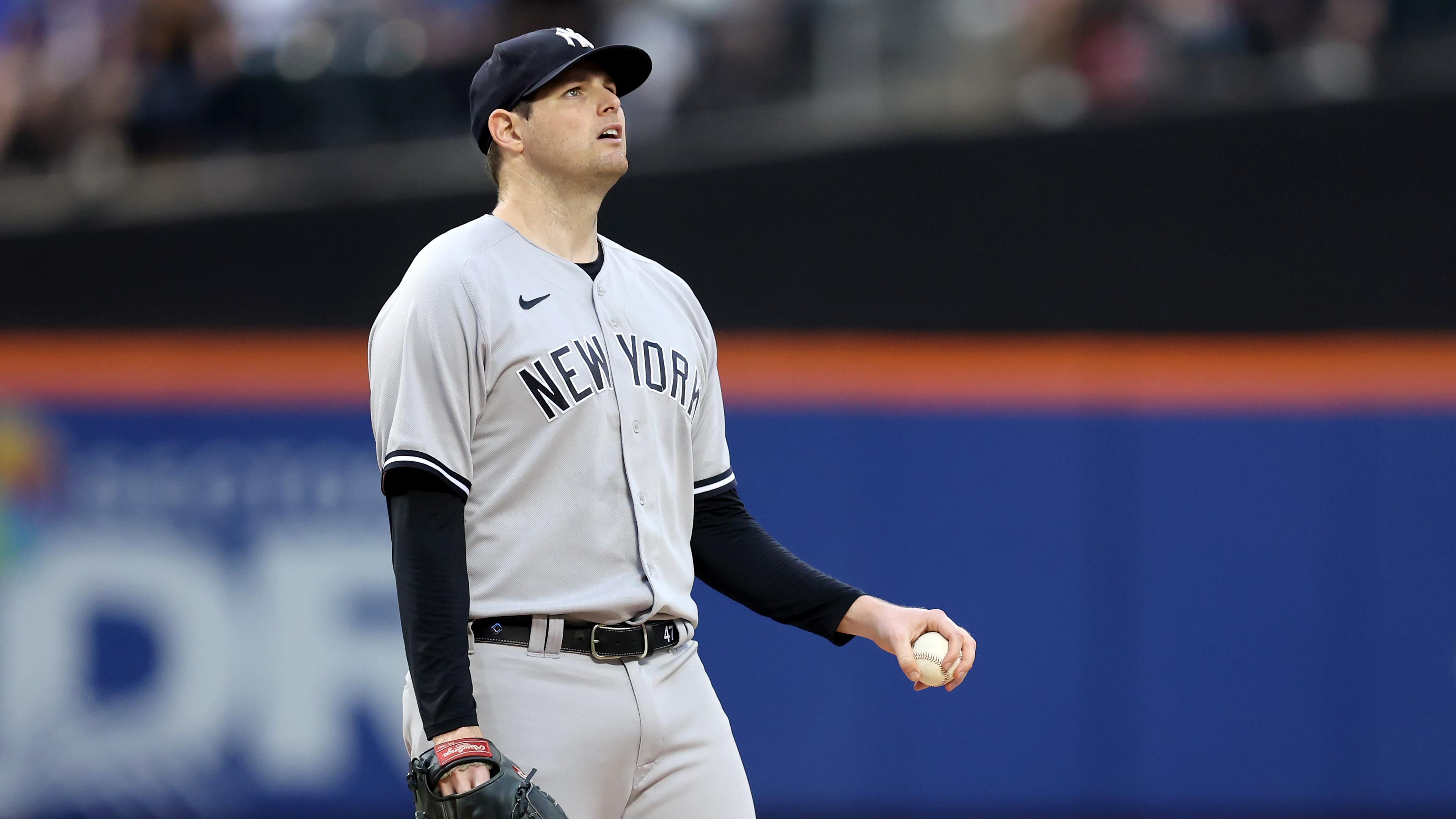 Jul 26, 2022; New York City, New York, USA; New York Yankees starting pitcher Jordan Montgomery (47) reacts during the first inning against the New York Mets at Citi Field.