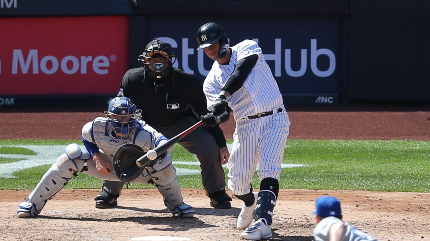 Apr 3, 2021; Bronx, New York, USA; New York Yankees catcher Gary Sanchez (24) hits a solo home run against Toronto Blue Jays starting pitcher Ross Stripling (48) during the fourth inning at Yankee Stadium.