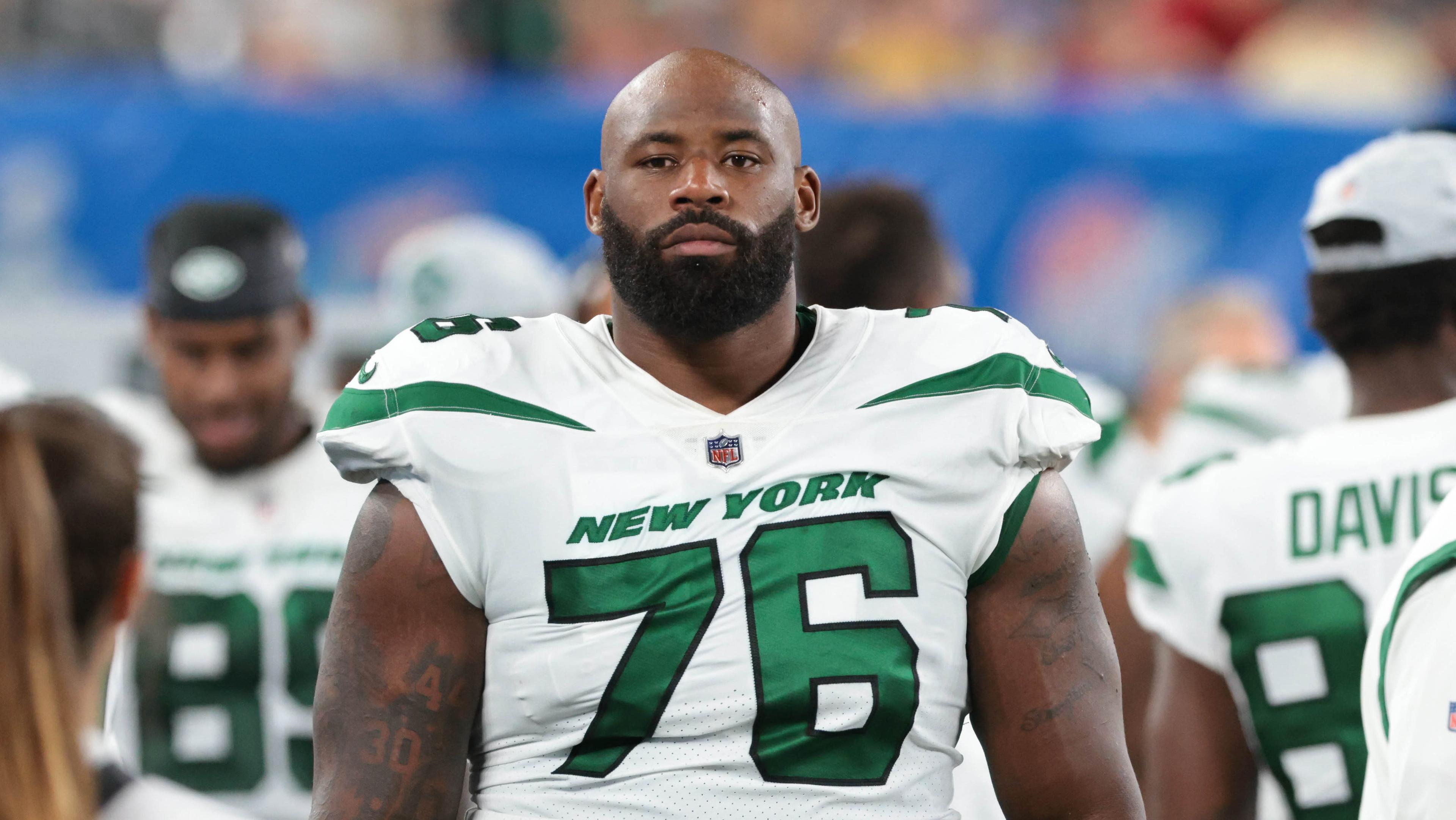 New York Jets offensive tackle George Fant (76) during the second half against the New York Giants at MetLife Stadium.