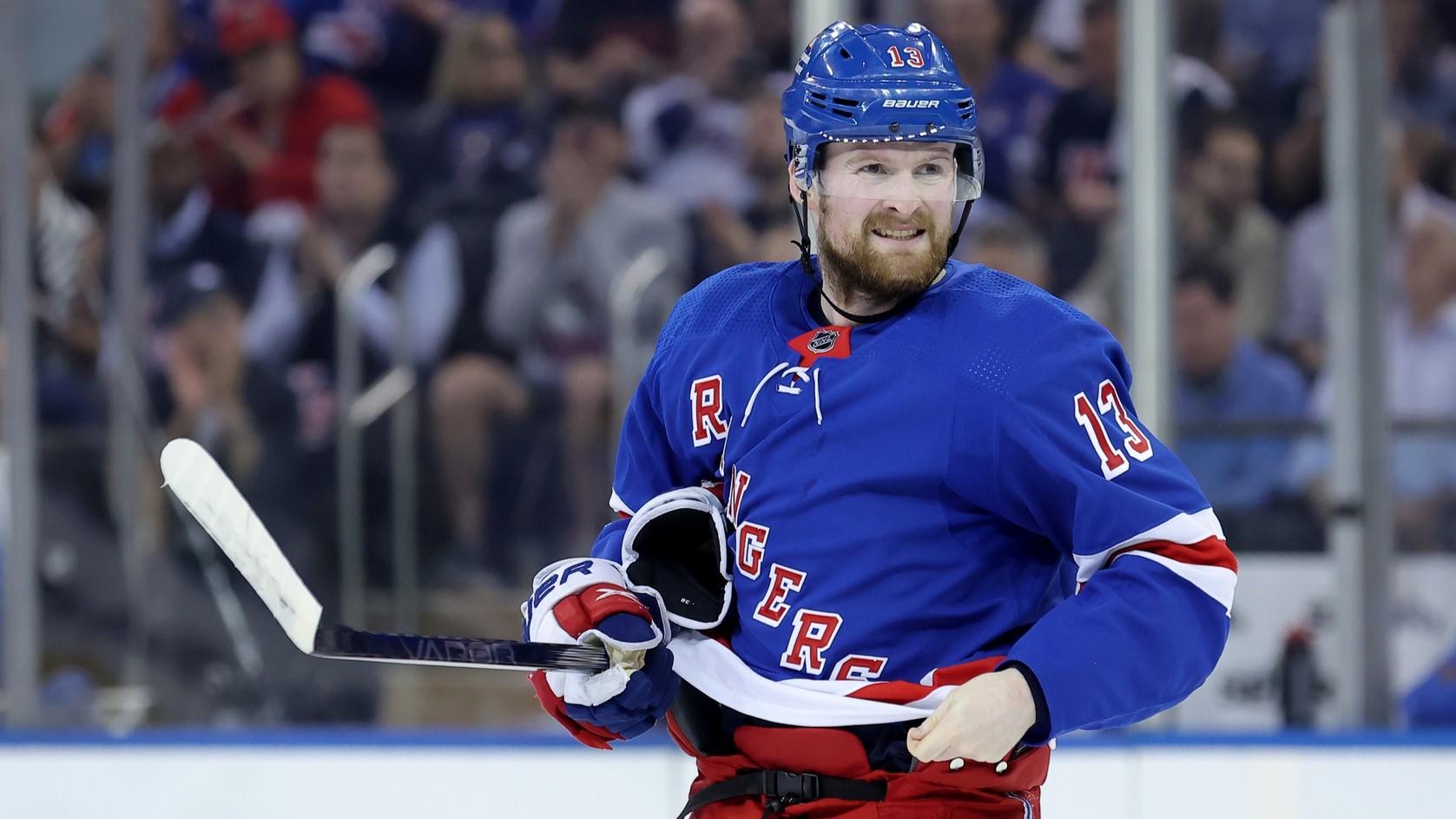 May 22, 2024; New York, New York, USA; New York Rangers left wing Alexis Lafreniere (13) skates against the Florida Panthers during the first period of game one of the Eastern Conference Final of the 2024 Stanley Cup Playoffs at Madison Square Garden.