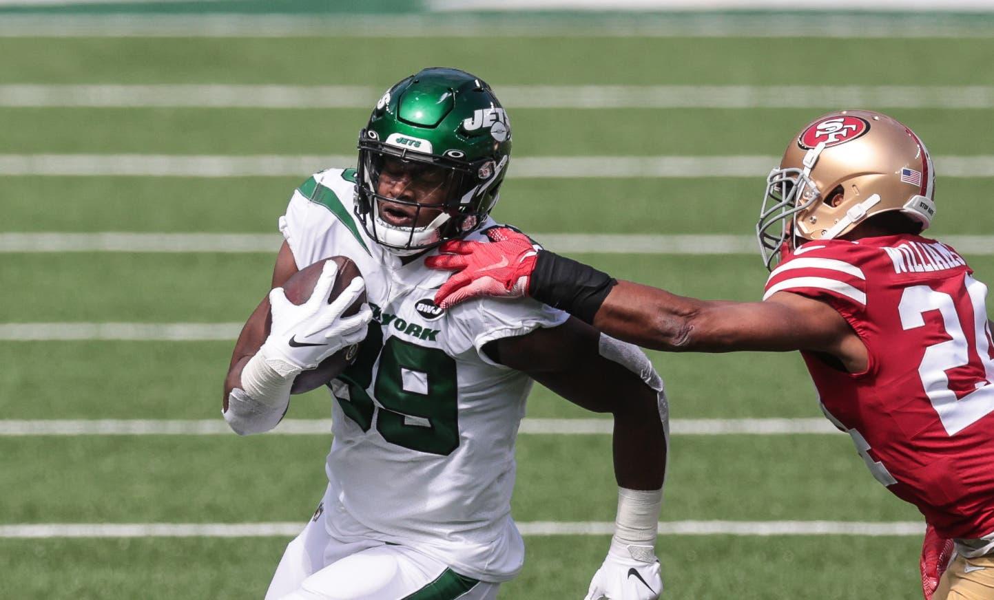 Sep 20, 2020; East Rutherford, New Jersey, USA;New York Jets tight end Chris Herndon (89) is tackled by San Francisco 49ers cornerback K'Waun Williams (24) during the first half at MetLife Stadium. Mandatory Credit: Vincent Carchietta-USA TODAY Sports / Vincent Carchietta-USA TODAY Sports