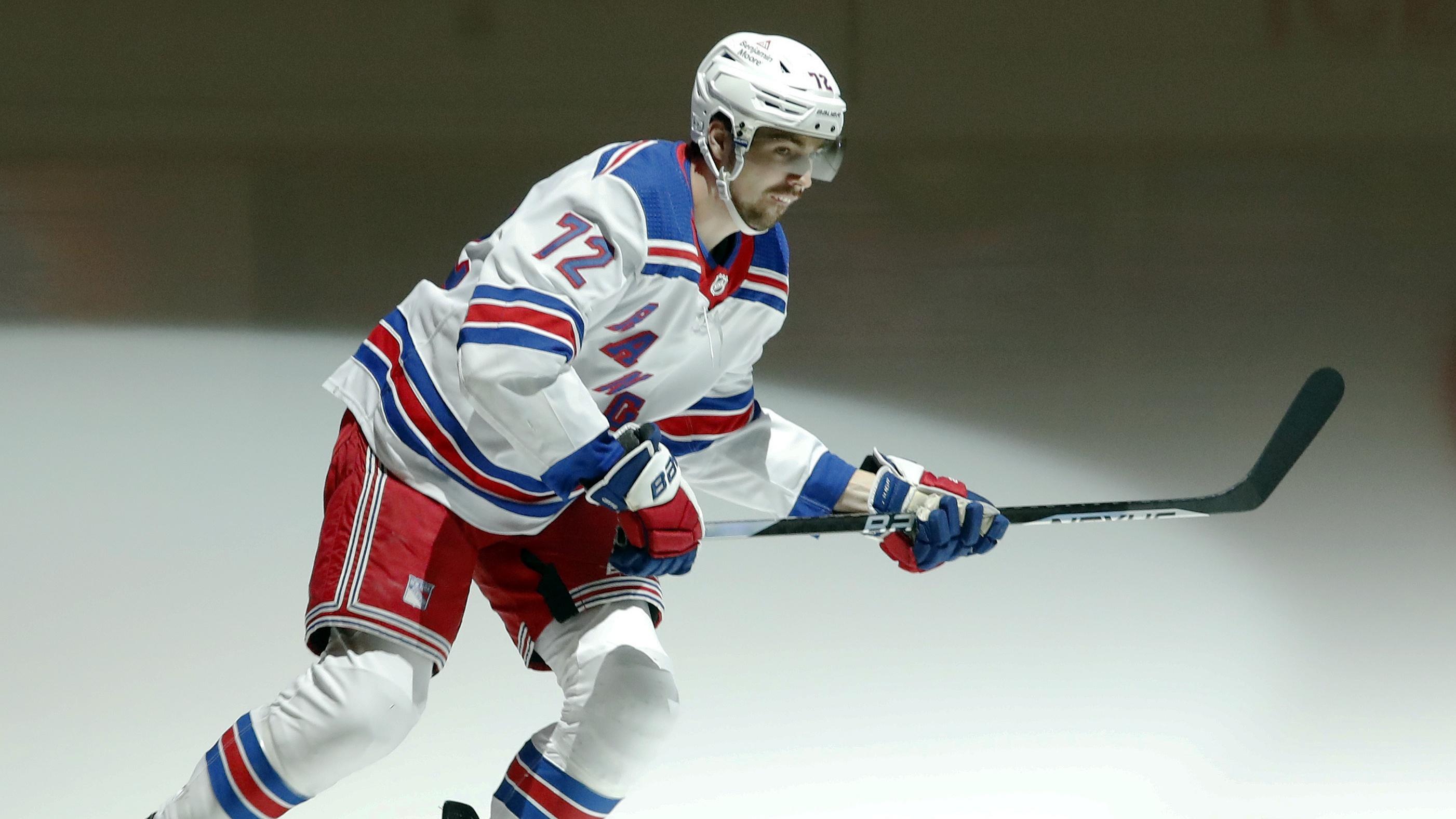 New York Rangers center Filip Chytil (72) takes the ice to warm up before the game