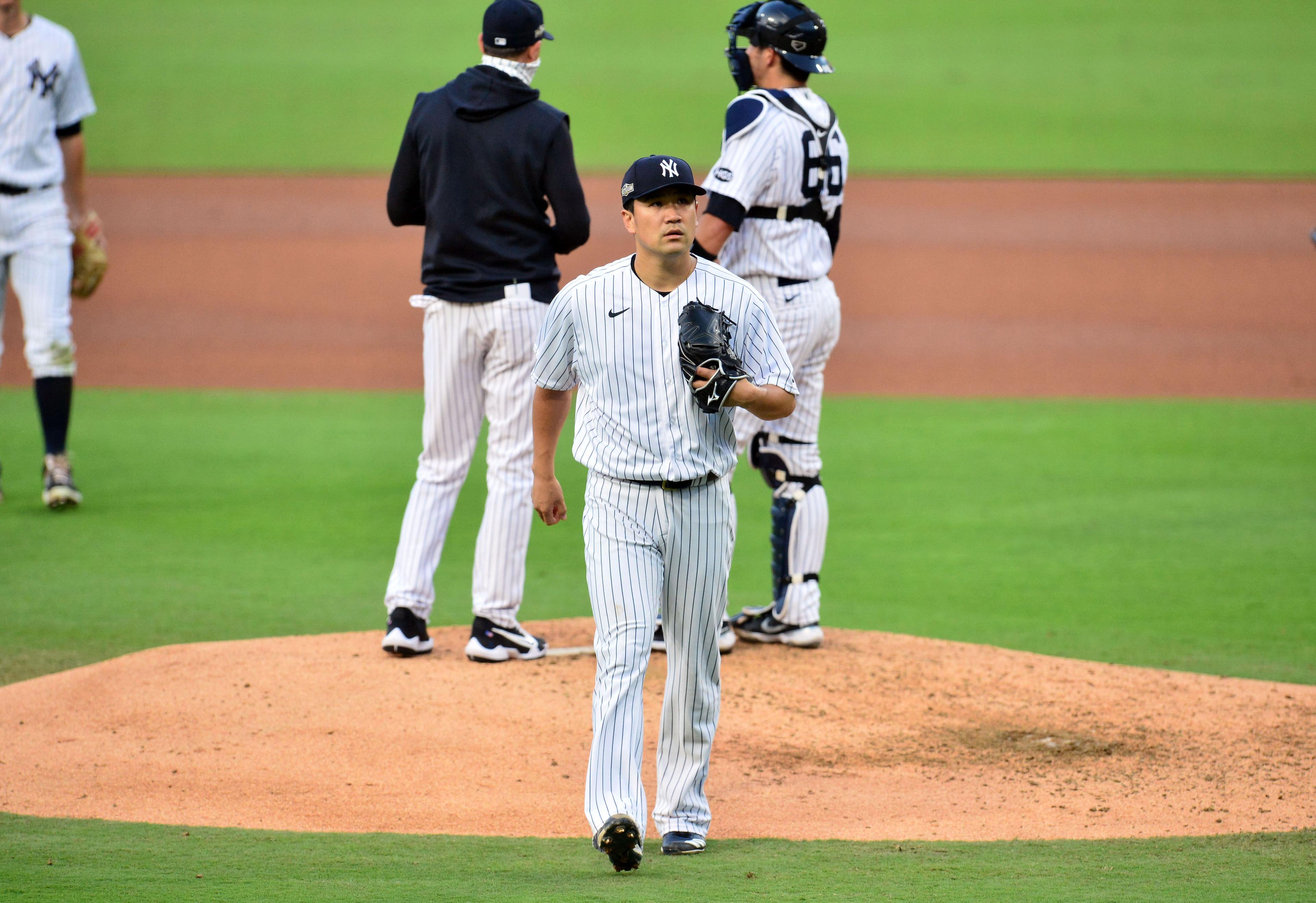 New York Yankees starting pitcher Masahiro Tanaka (19) is relieved in the fifth inning against the Tampa Bay Rays during game three of the 2020 ALDS at Petco Park.