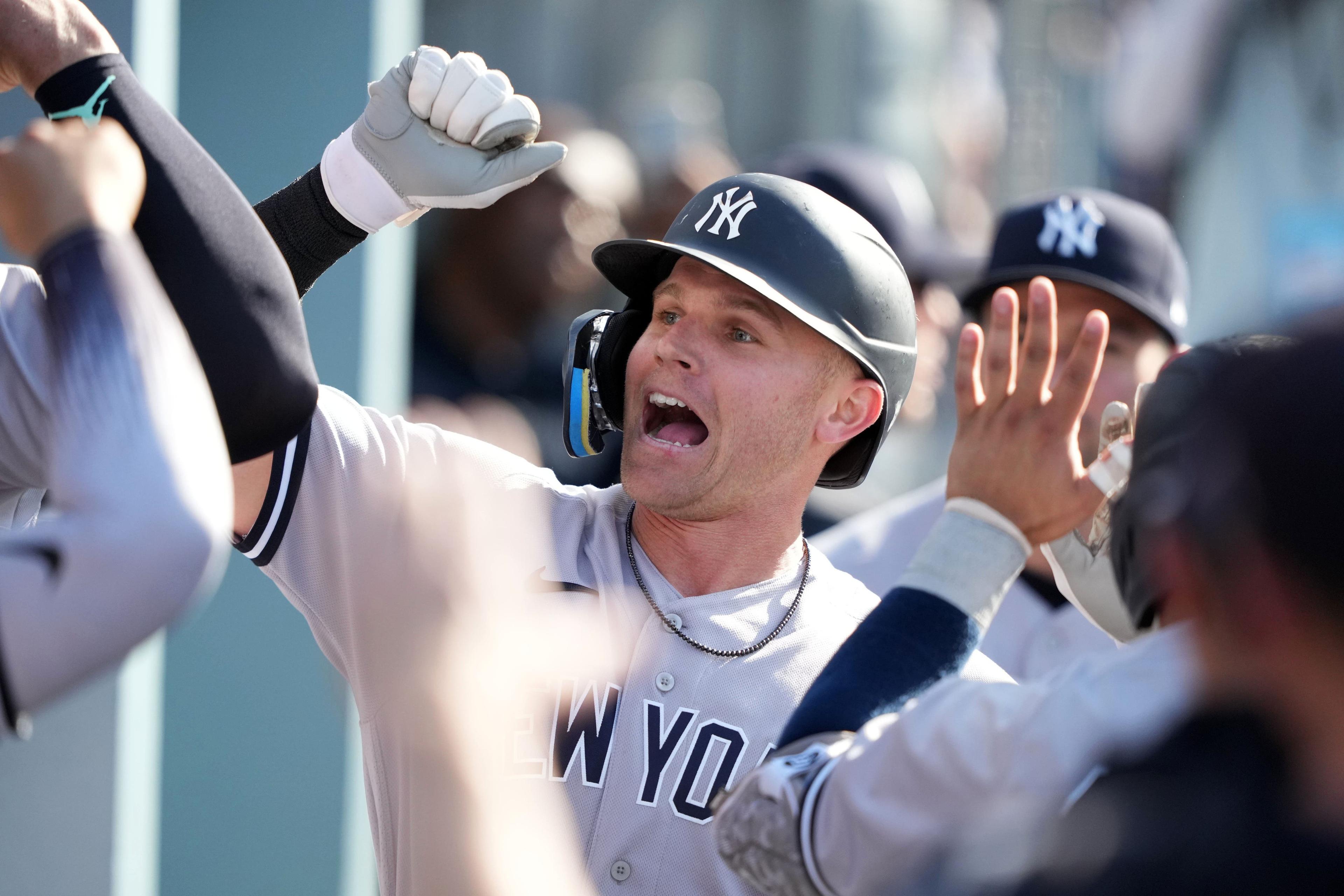 New York Yankees left fielder Jake Bauers (61) celebrates with teammates after hitting a home run in the fourth inning against the Los Angeles Dodgers at Dodger Stadium. / Kirby Lee-USA TODAY Sports