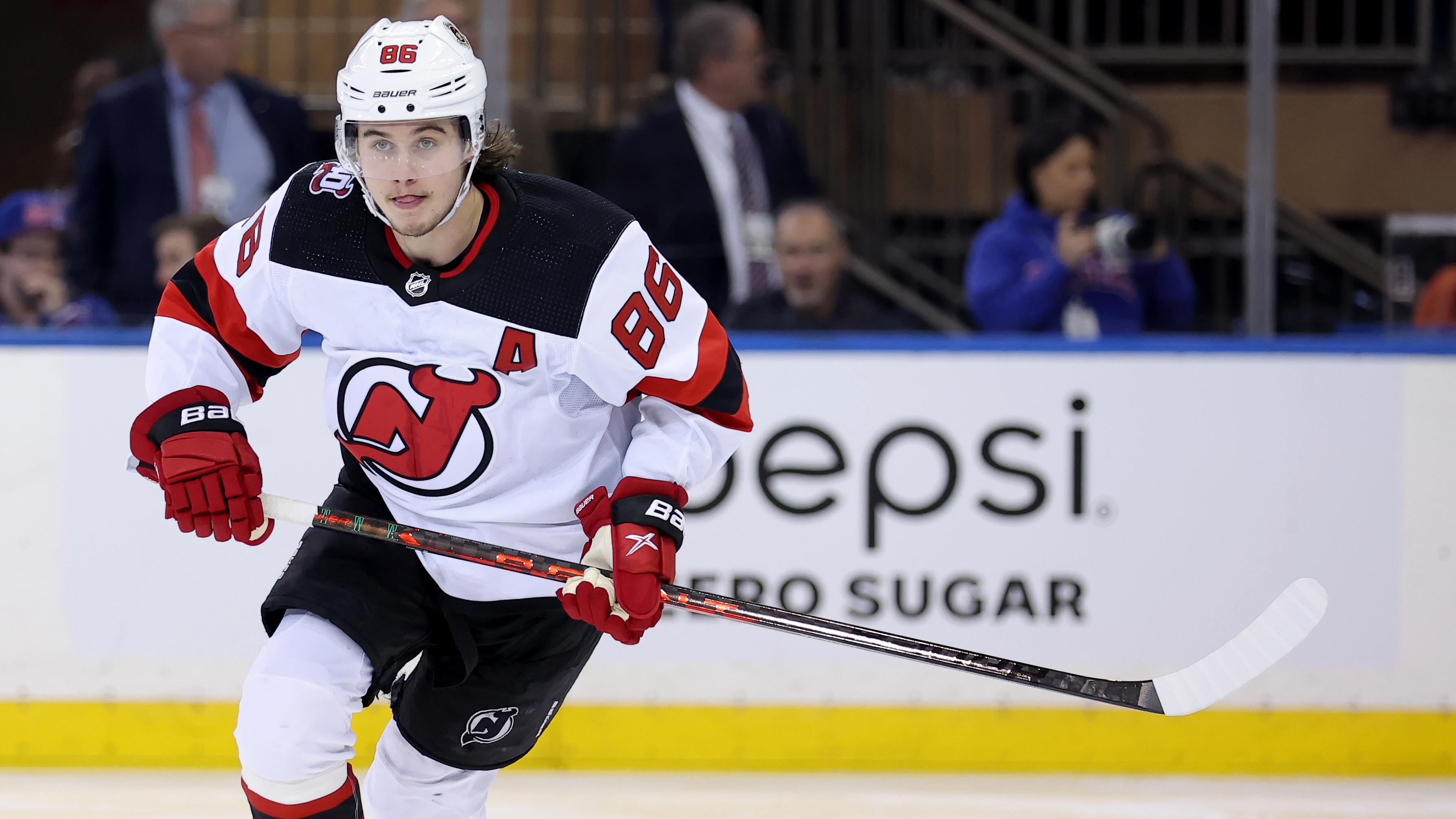 New Jersey Devils center Jack Hughes (86) skates against the New York Rangers during the second period in game four of the first round of the 2023 Stanley Cup Playoffs at Madison Square Garden