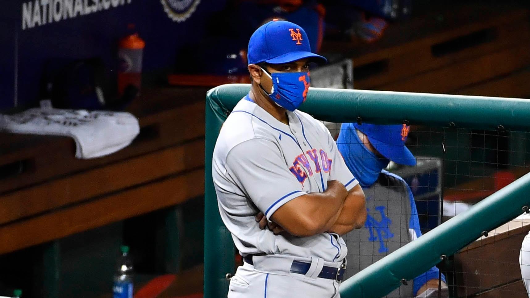 New York Mets manager Luis Rojas (19) looks on