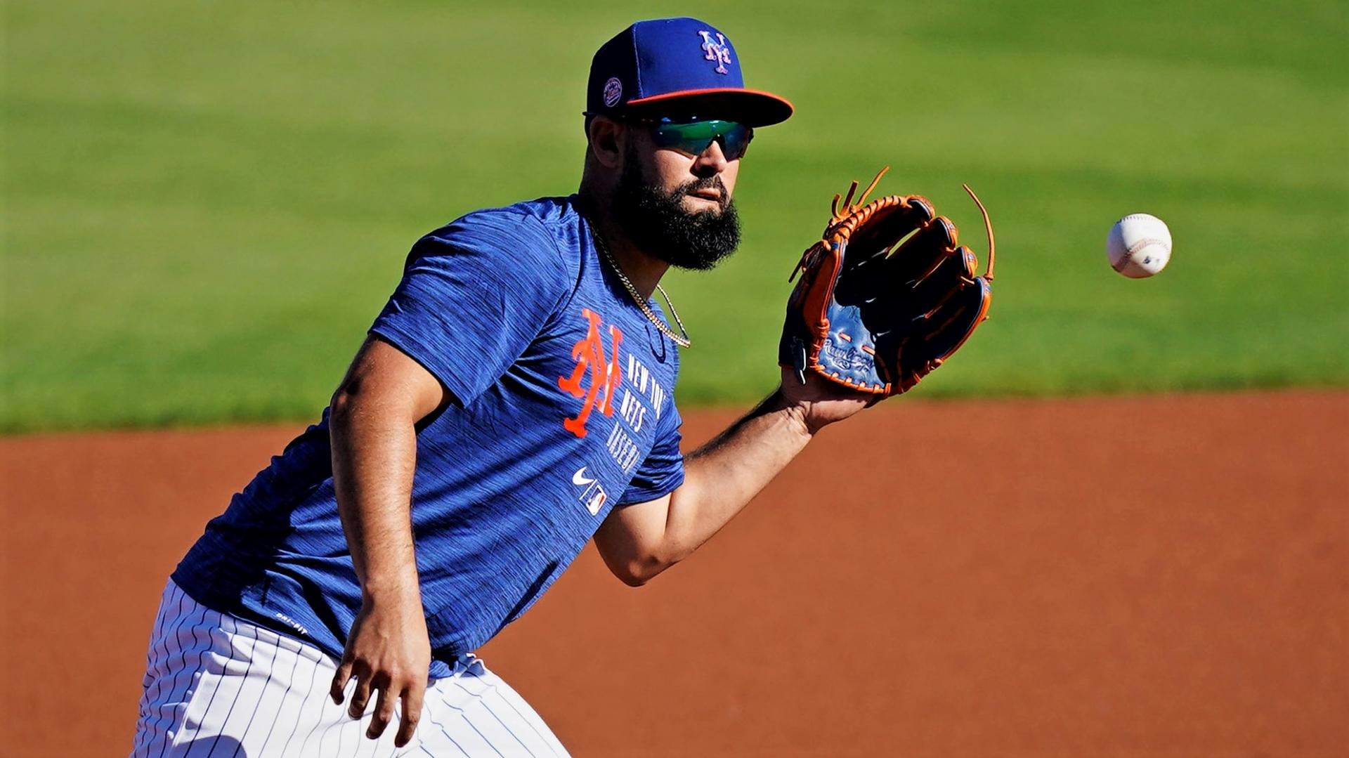 Feb 25, 2021; Port St. Lucie, Florida, USA; New York Mets shortstop Luis Guillorme (13) takes infield practice during spring training workouts at Clover Park.