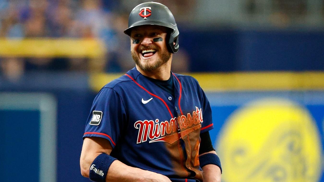 Sep 5, 2021; St. Petersburg, Florida, USA; Minnesota Twins designated hitter Josh Donaldson (20) reacts after advancing to third base on a wild pitch in the third inning against the Minnesota Twins at Tropicana Field.