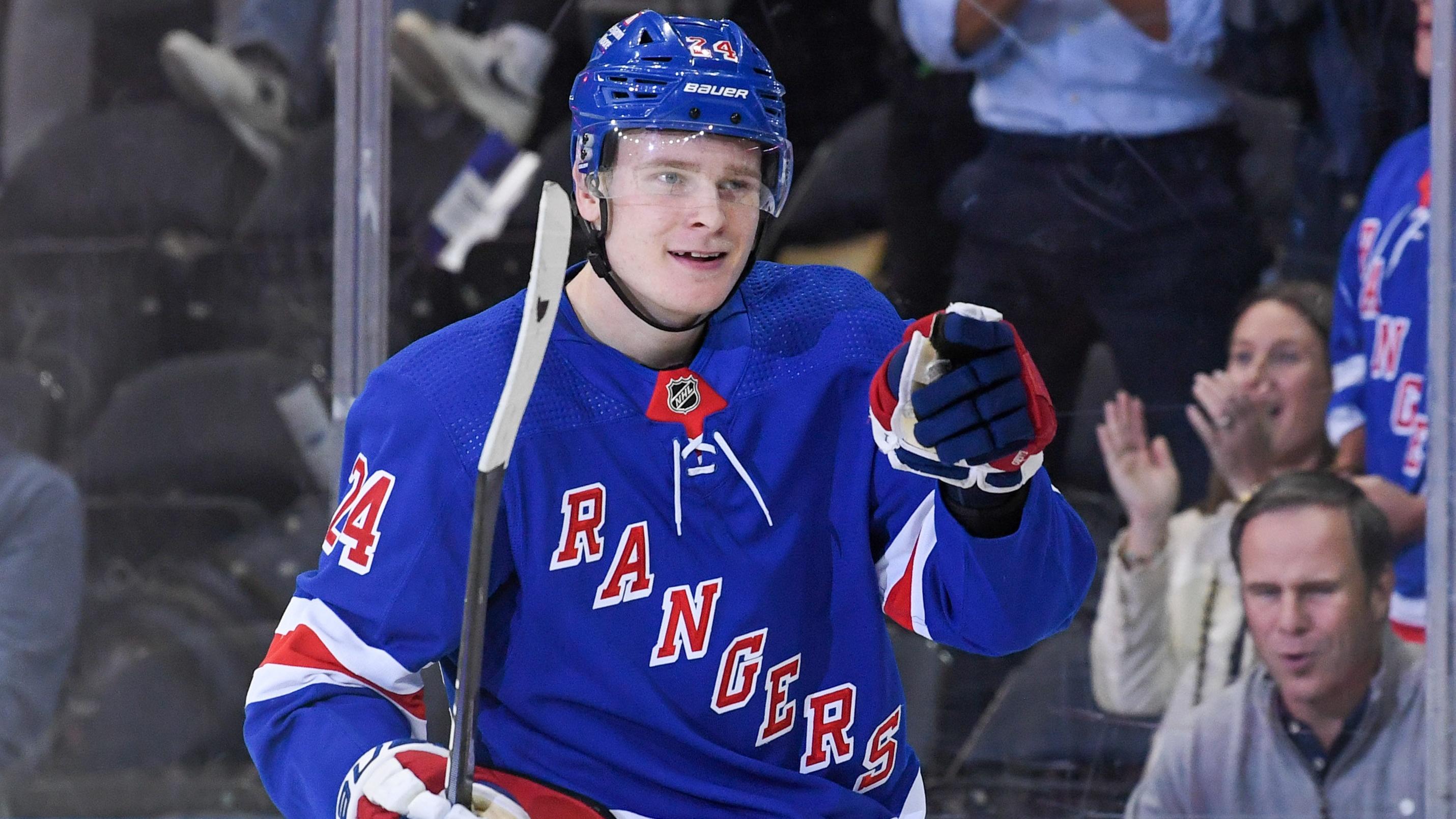 New York Rangers right wing Kaapo Kakko (24) celebrates his goal against the Boston Bruins during the first period at Madison Square Garden