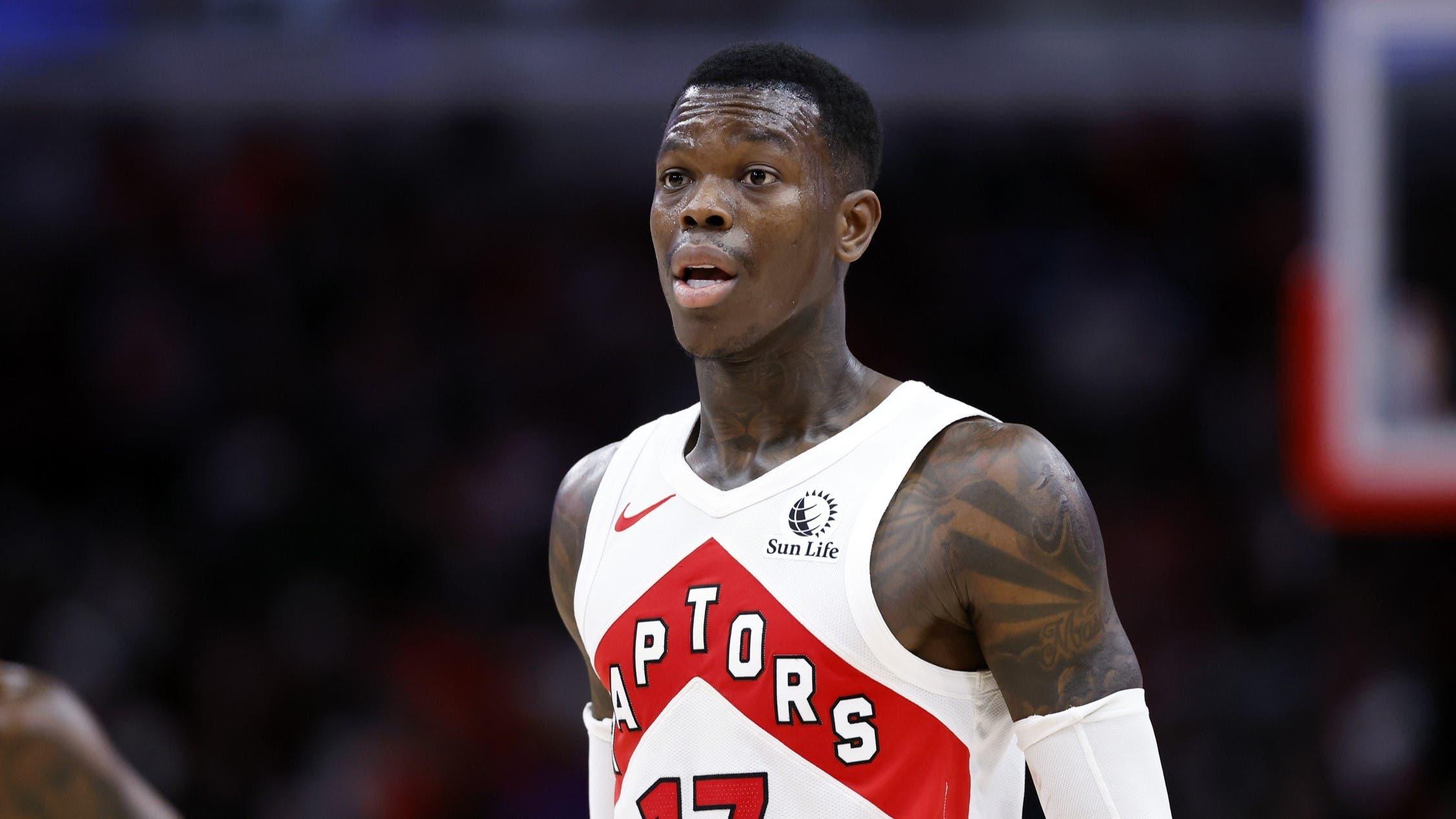 Jan 30, 2024; Chicago, Illinois, USA; Toronto Raptors guard Dennis Schroder (17) looks on during the second half at United Center. / Kamil Krzaczynski-USA TODAY Sports