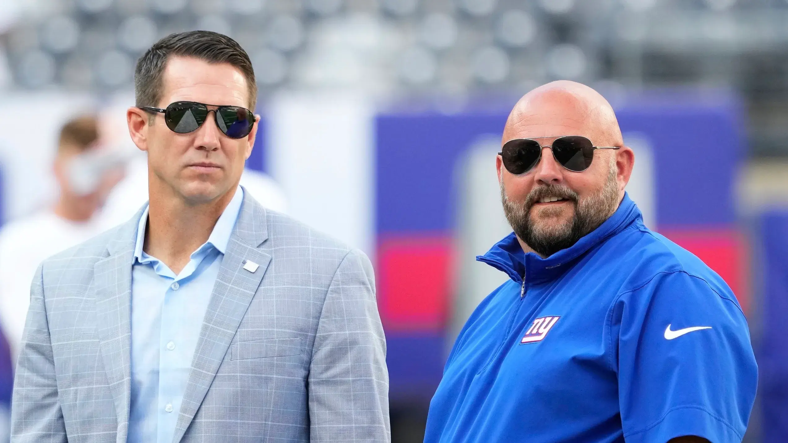 ew York Giants head coach Brian Daboll (right) and general manager Joe Schoen (left) talk before a game at MetLife Stadium. / Robert Deutsch-USA TODAY Sports