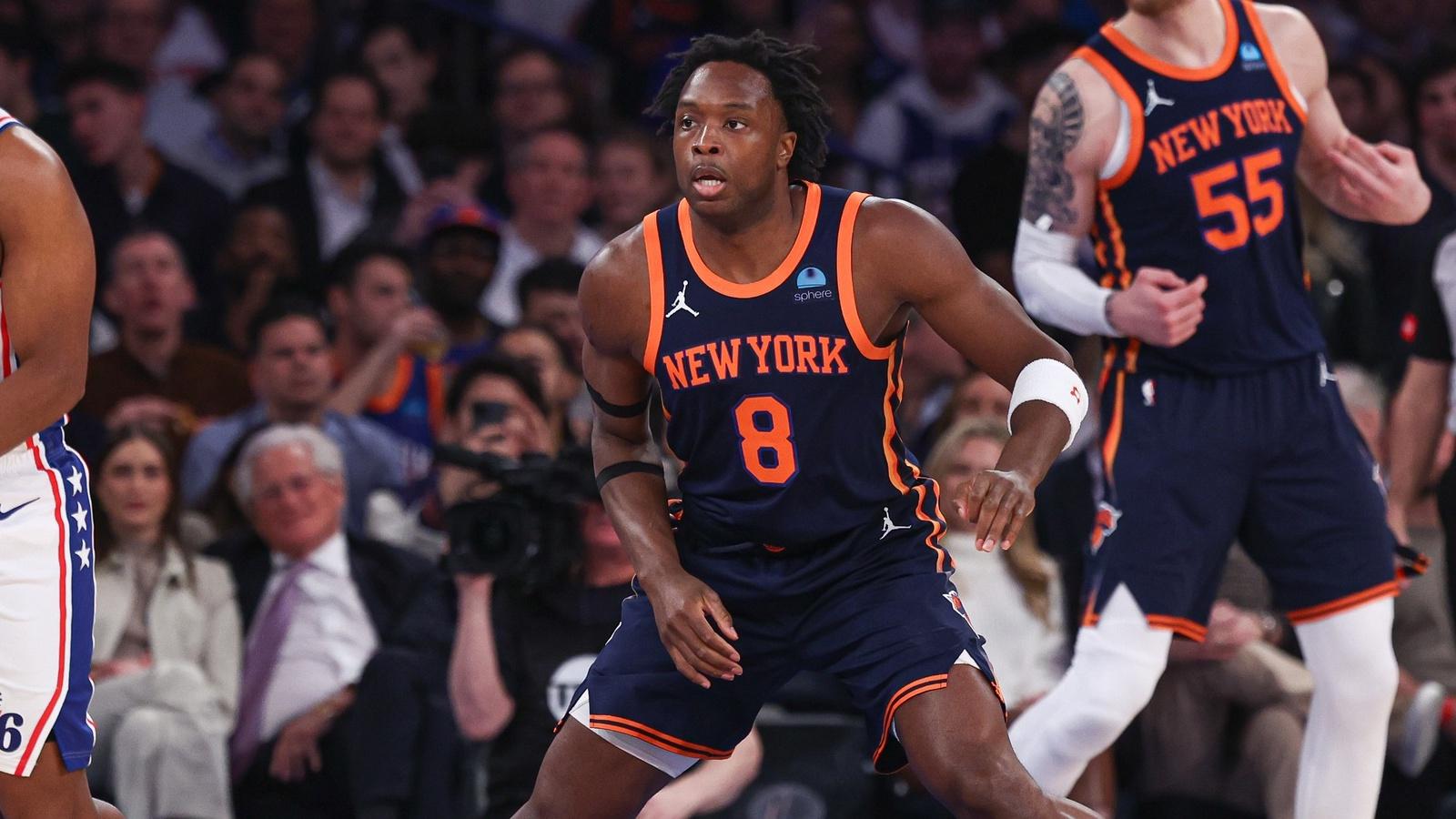 New York Knicks forward OG Anunoby (8) in action against Philadelphia 76ers guard Kyle Lowry (7) during the first quarter at Madison Square Garden.