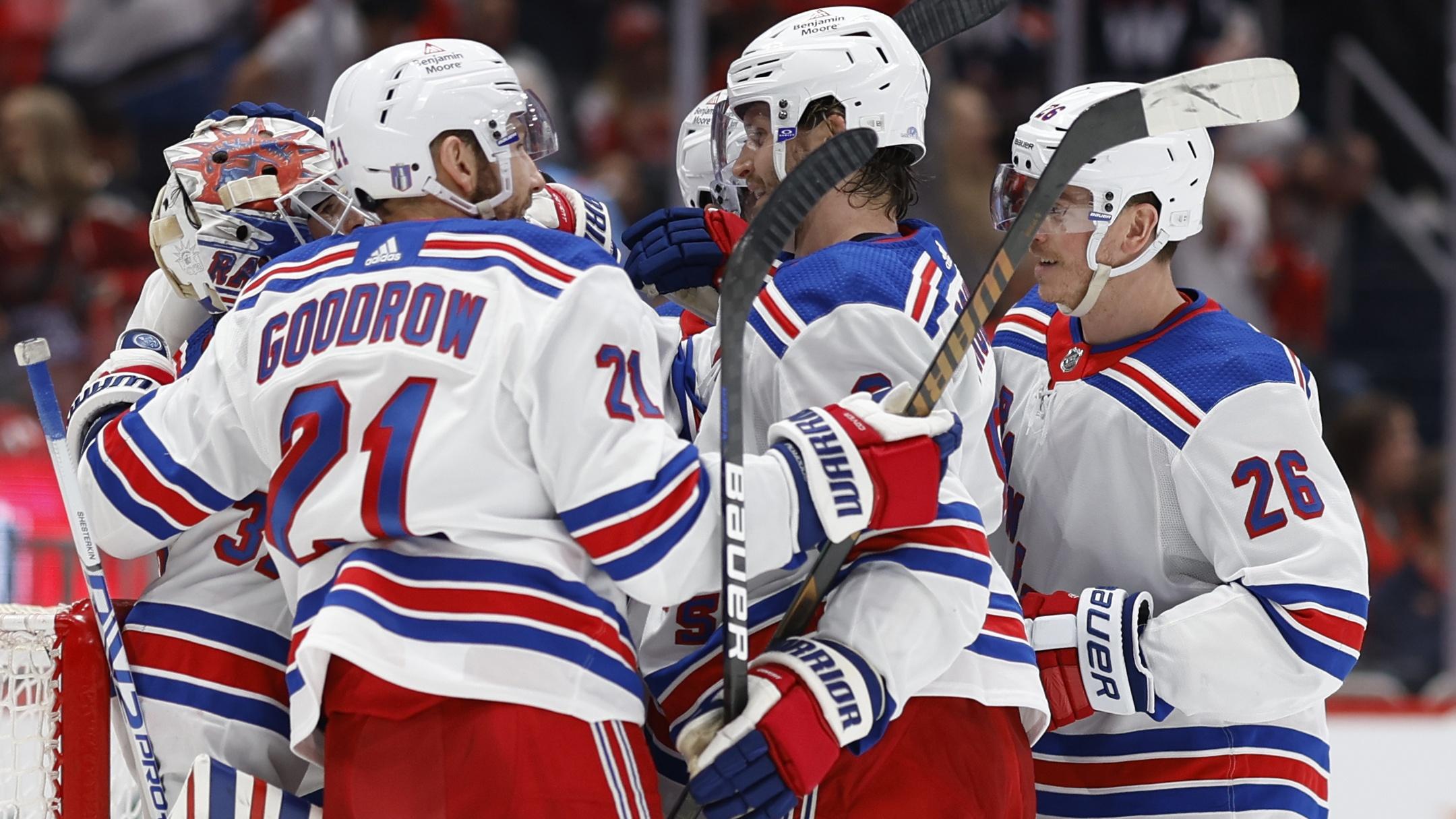 New York Rangers goaltender Igor Shesterkin (31) celebrates with teammates after their game against the Washington Capitals in game four of the first round of the 2024 Stanley Cup Playoffs at Capital One Arena