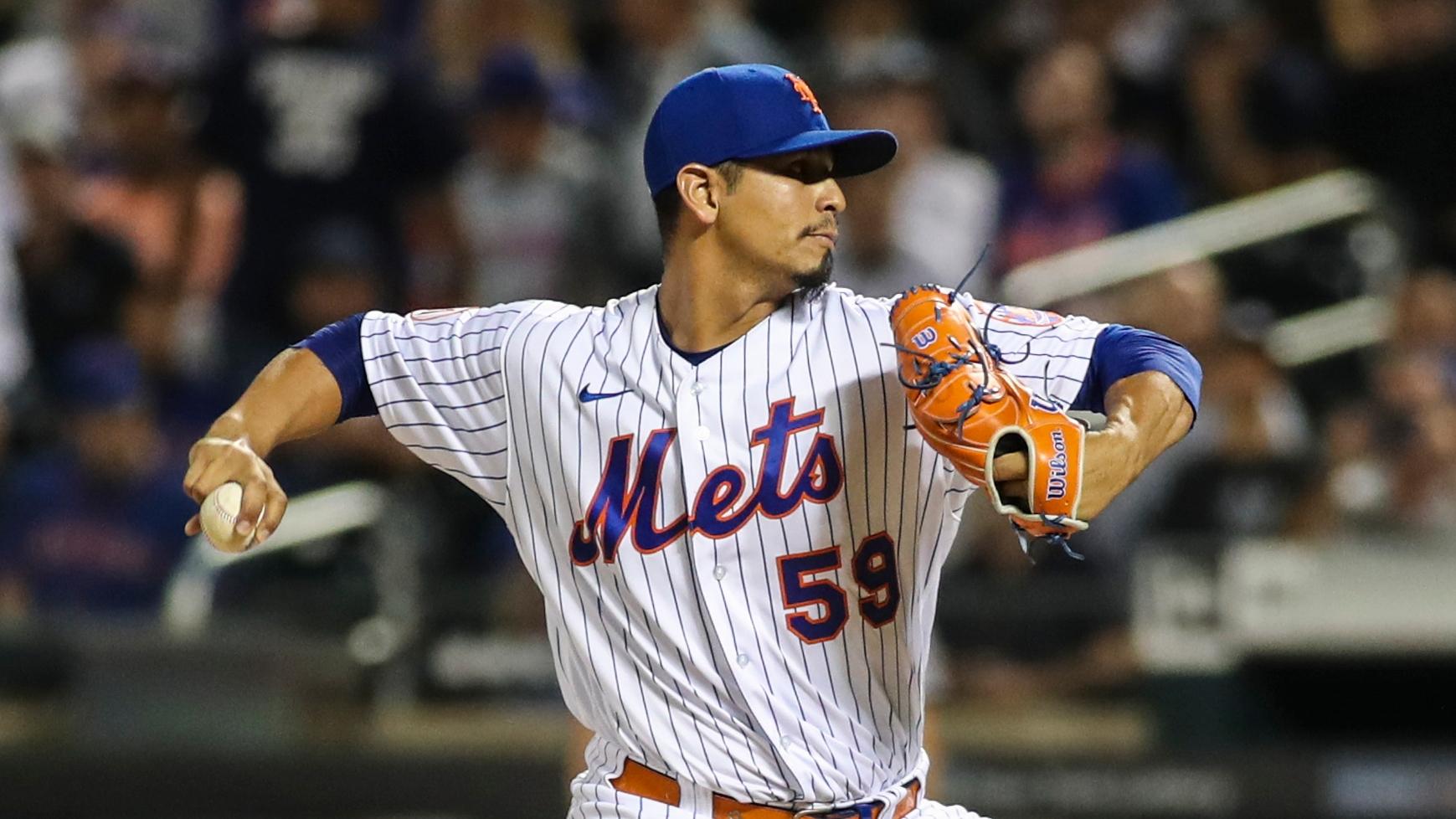 Sep 12, 2021; New York City, New York, USA; New York Mets pitcher Carlos Carrasco (59) pitches in the first inning against the New York Yankees at Citi Field.