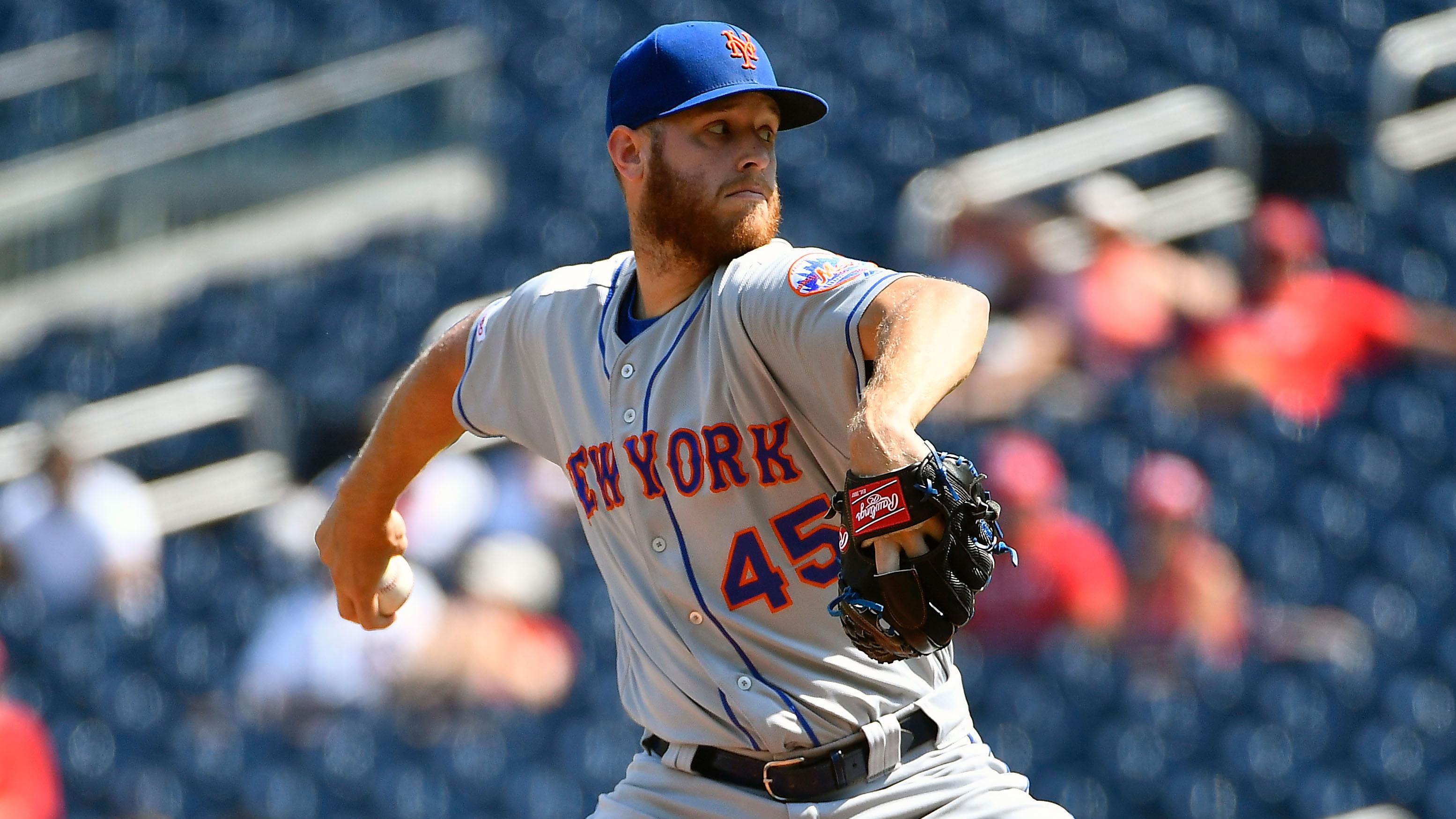 Sep 4, 2019; Washington, DC, USA; New York Mets starting pitcher Zack Wheeler (45) throws to the Washington Nationals during the second inning at Nationals Park.