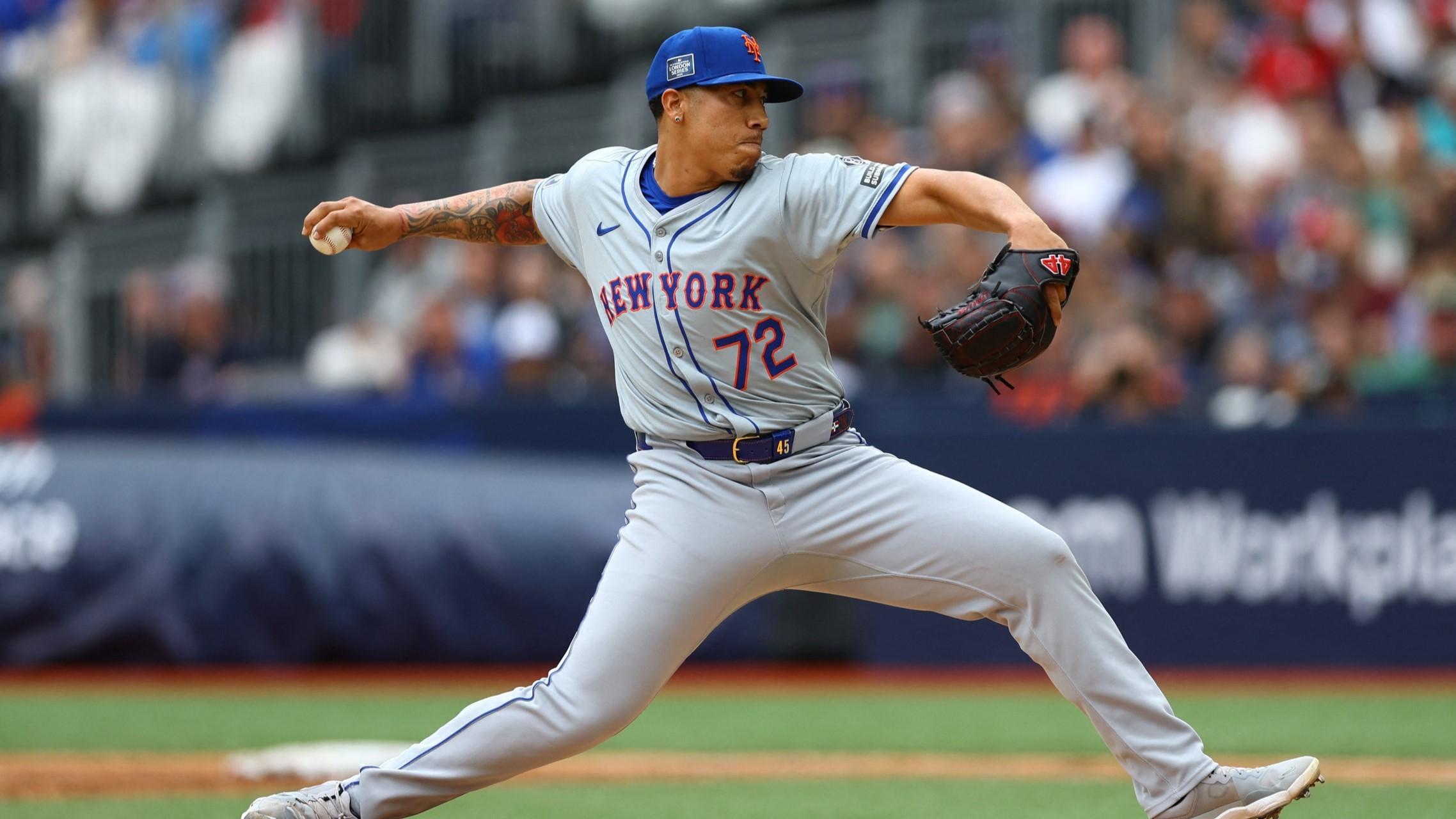 June 9, 2024; London, UNITED KINGDOM; New York Mets pitcher Dedniel Nunez throws against the Philadelphia Phillies during a London Series baseball game at Queen Elizabeth Olympic Park. 