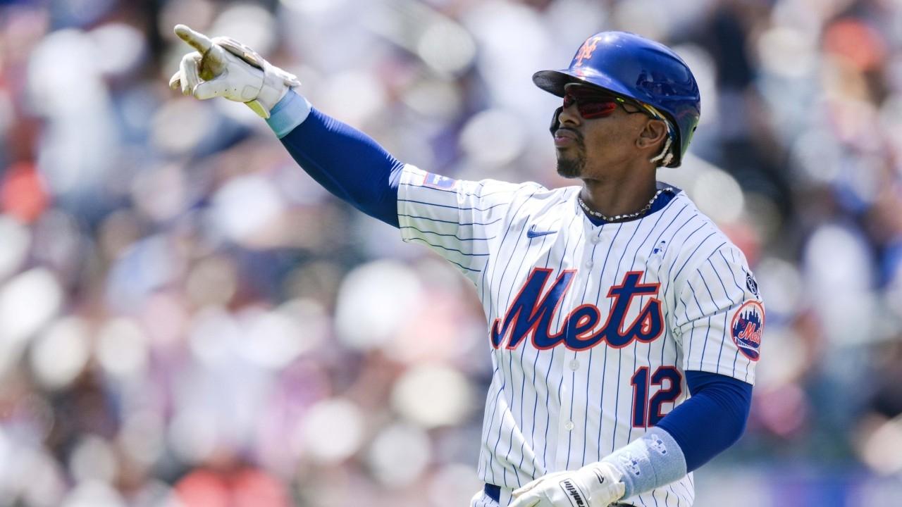 New York Mets shortstop Francisco Lindor (12) reacts after hitting a solo home run during his MLB baseball game against the San Diego Padres during the first inning at Citi Field.