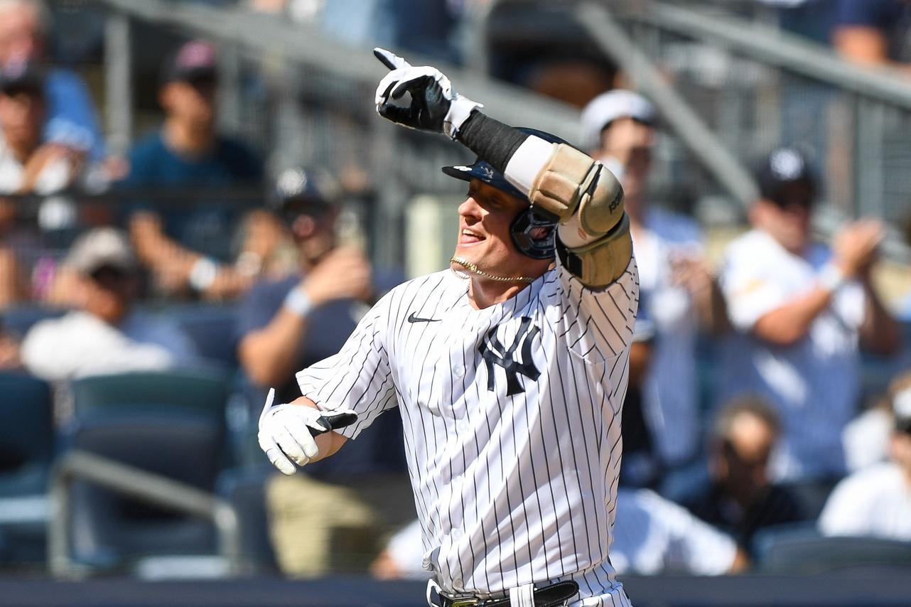 New York Yankees third baseman Josh Donaldson (28) hits a solo home run against the Tampa Bay Rays during the second inning at Yankee Stadium.